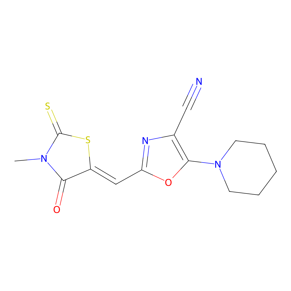 2-[(3-Methyl-4-oxo-2-sulfanylidene-1,3-thiazolidin-5-ylidene)methyl]-5-(piperidin-1-yl)-1,3-oxazole-4-carbonitrile molecular structure, CAS 5269-67-0