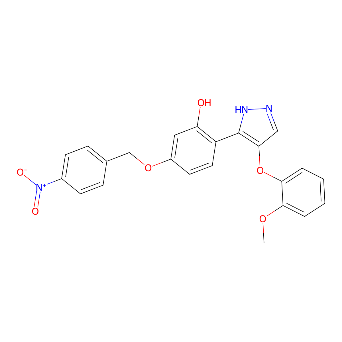 2-[4-(2-methoxyphenoxy)-1H-pyrazol-5-yl]-5-[(4-nitrobenzyl)oxy]phenol molecular structure, CAS 5272-06-0