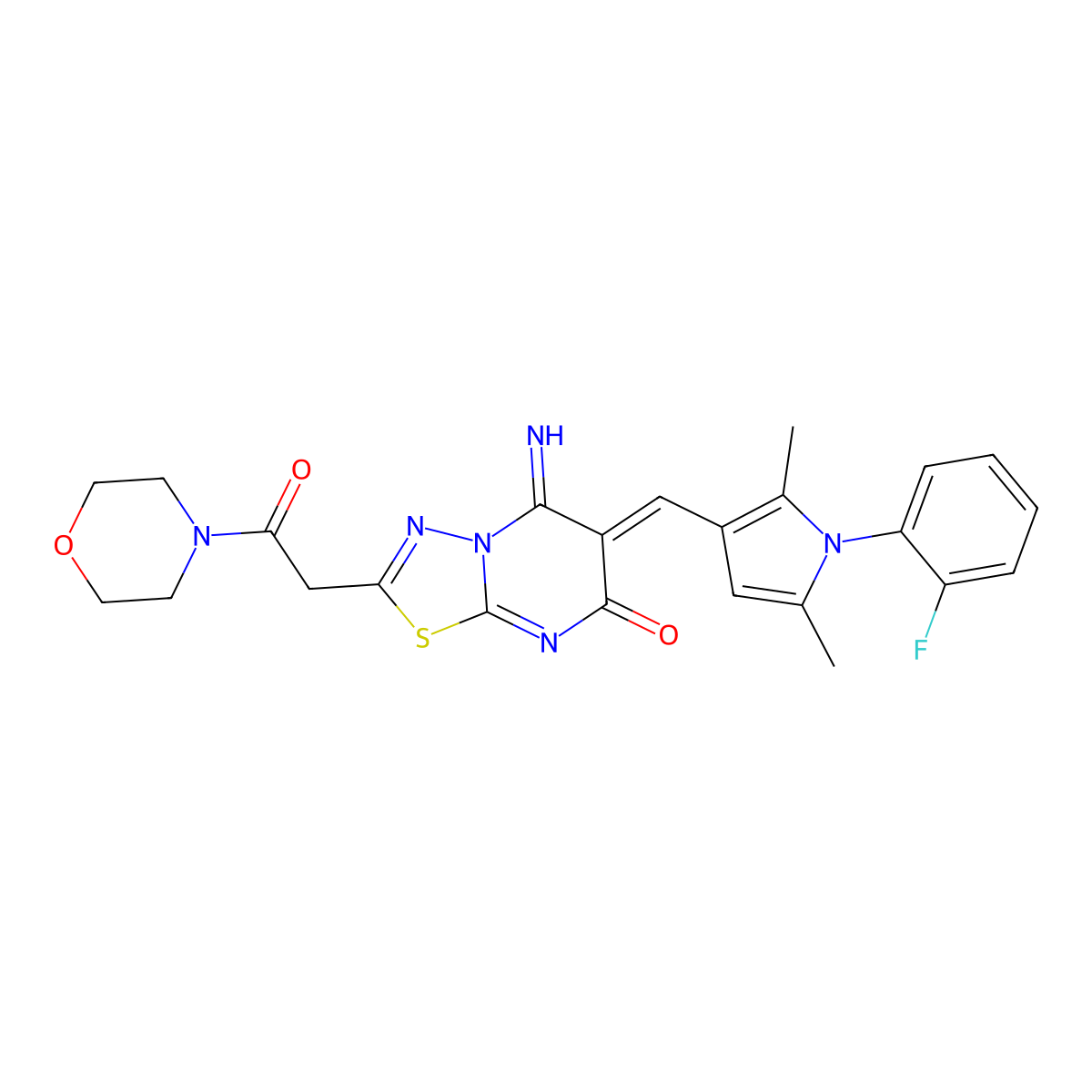 6-{[1-(2-Fluorophenyl)-2,5-dimethyl-1H-pyrrol-3-yl]methylidene}-5-imino-2-[2-(morpholin-4-yl)-2-oxoethyl]-5,6-dihydro-7H-[1,3,4]thiadiazolo[3,2-a]pyrimidin-7-one molecular structure, CAS 5274-21-5
