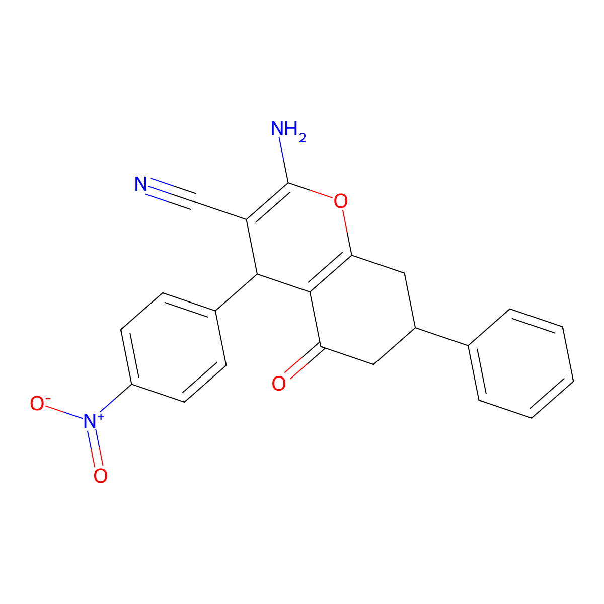 2-Amino-4-(4-nitrophenyl)-5-oxo-7-phenyl-4,6,7,8-tetrahydrochromene-3-carbonitrile molecular structure, CAS 5275-37-6
