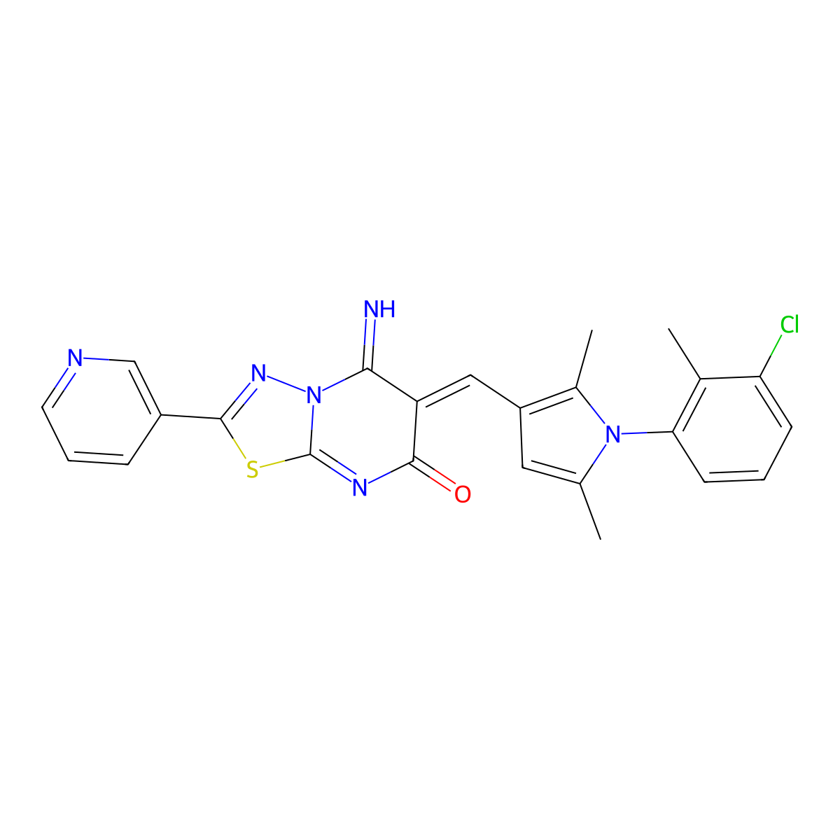 6-{[1-(3-Chloro-2-methylphenyl)-2,5-dimethyl-1H-pyrrol-3-yl]methylidene}-5-imino-2-(pyridin-3-yl)-5,6-dihydro-7H-[1,3,4]thiadiazolo[3,2-a]pyrimidin-7-one molecular structure, CAS 5276-79-9