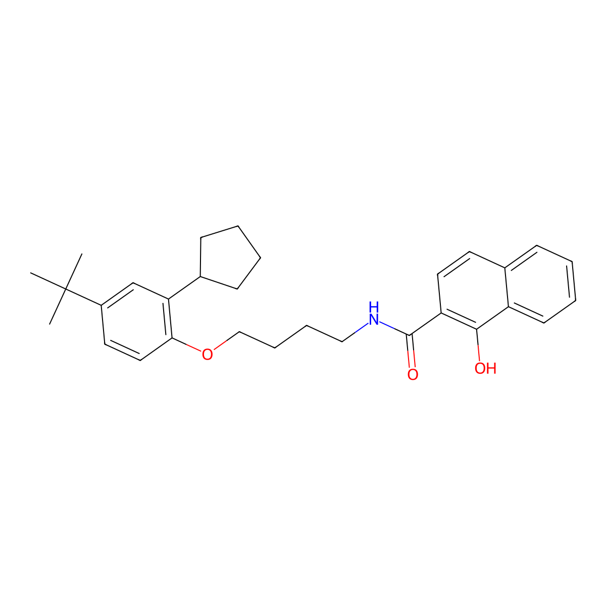 N-(4-(2-Cyclopentyl-4-(1,1-dimethylethyl)phenoxy)butyl)-1-hydroxynaphthalene-2-carboxamide molecular structure, CAS 52762-70-6
