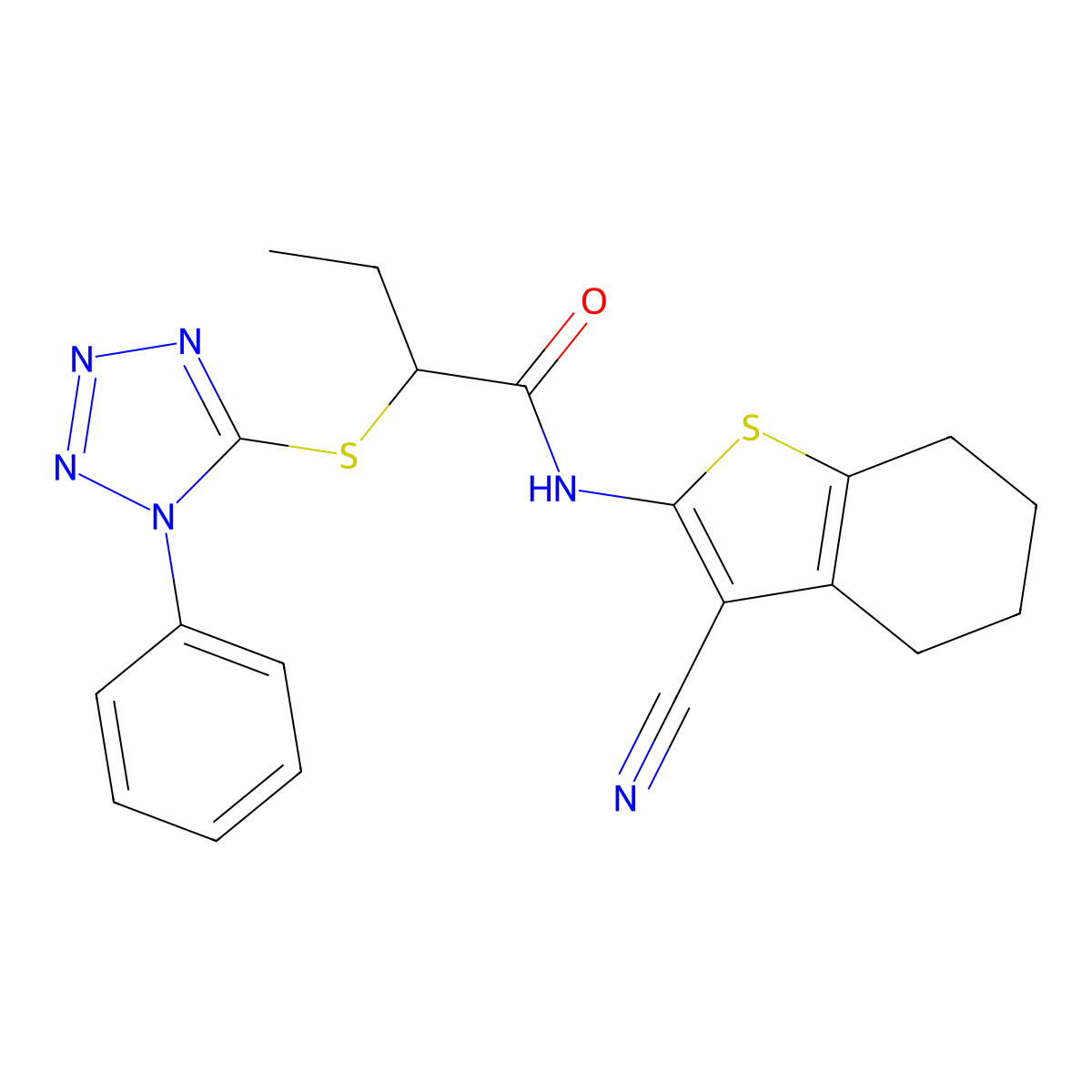 N-(3-cyano-4,5,6,7-tetrahydro-1-benzothiophen-2-yl)-2-(1-phenyltetrazol-5-yl)sulfanylbutanamide molecular structure, CAS 527692-83-7