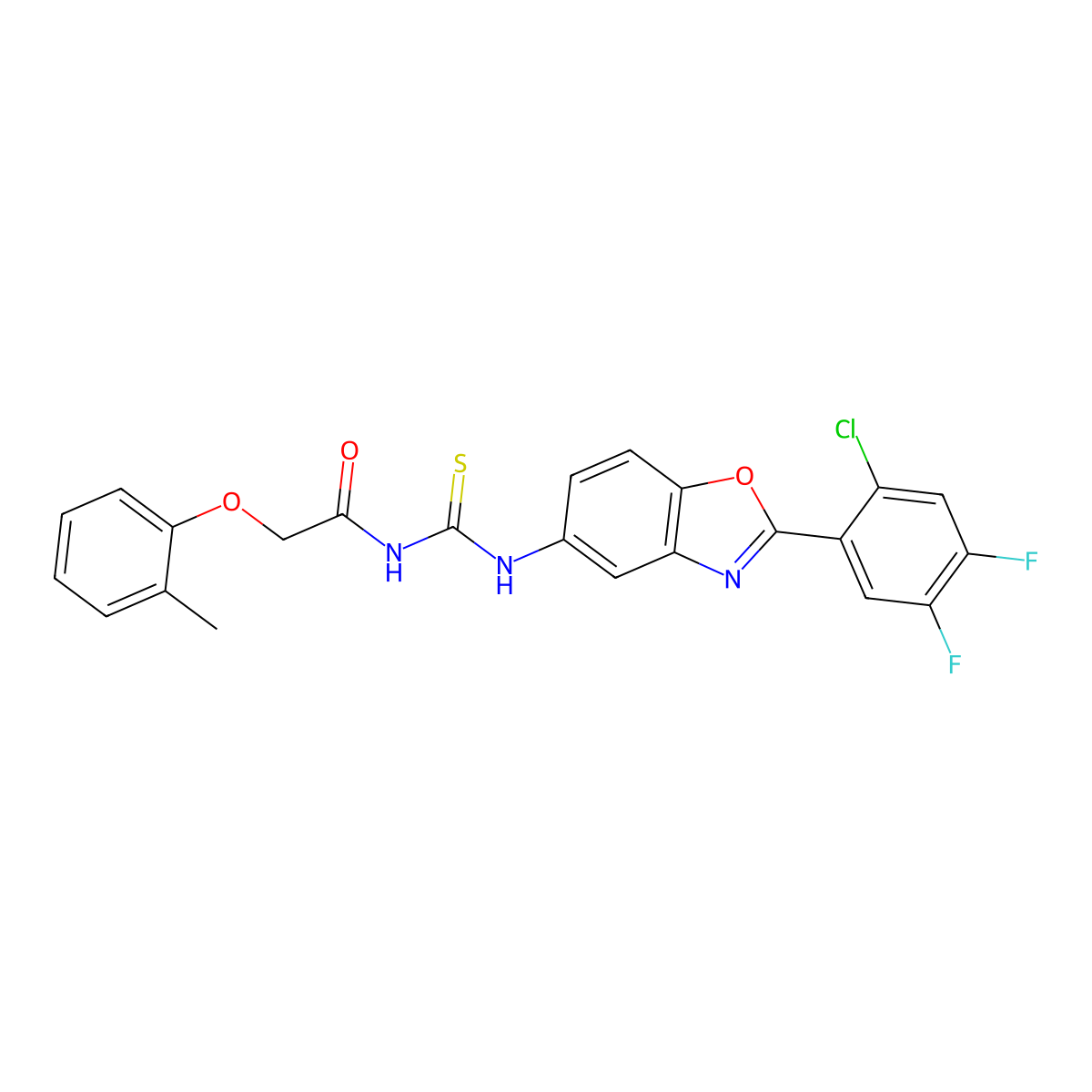 Acetamide, N-[[[2-(2-chloro-4,5-difluorophenyl)-5-benzoxazolyl]amino]thioxomethyl]-2-(2-methylphenoxy)- molecular structure, CAS 527710-01-6