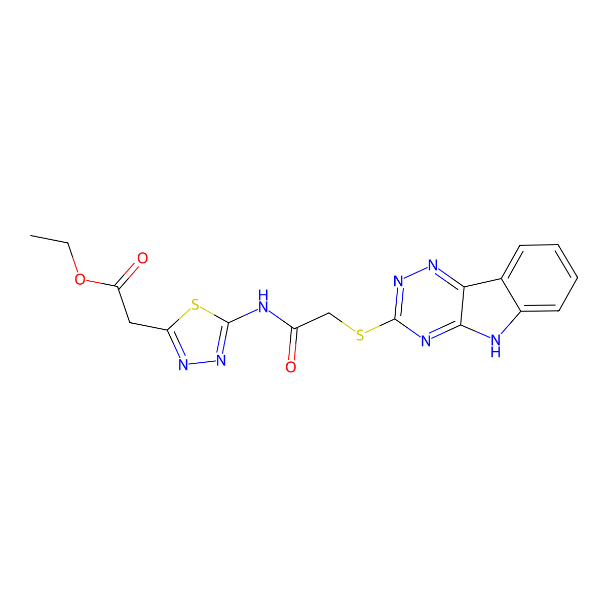 ethyl (5-{[(5H-[1,2,4]triazino[5,6-b]indol-3-ylsulfanyl)acetyl]amino}-1,3,4-thiadiazol-2-yl)acetate molecular structure, CAS 527711-66-6