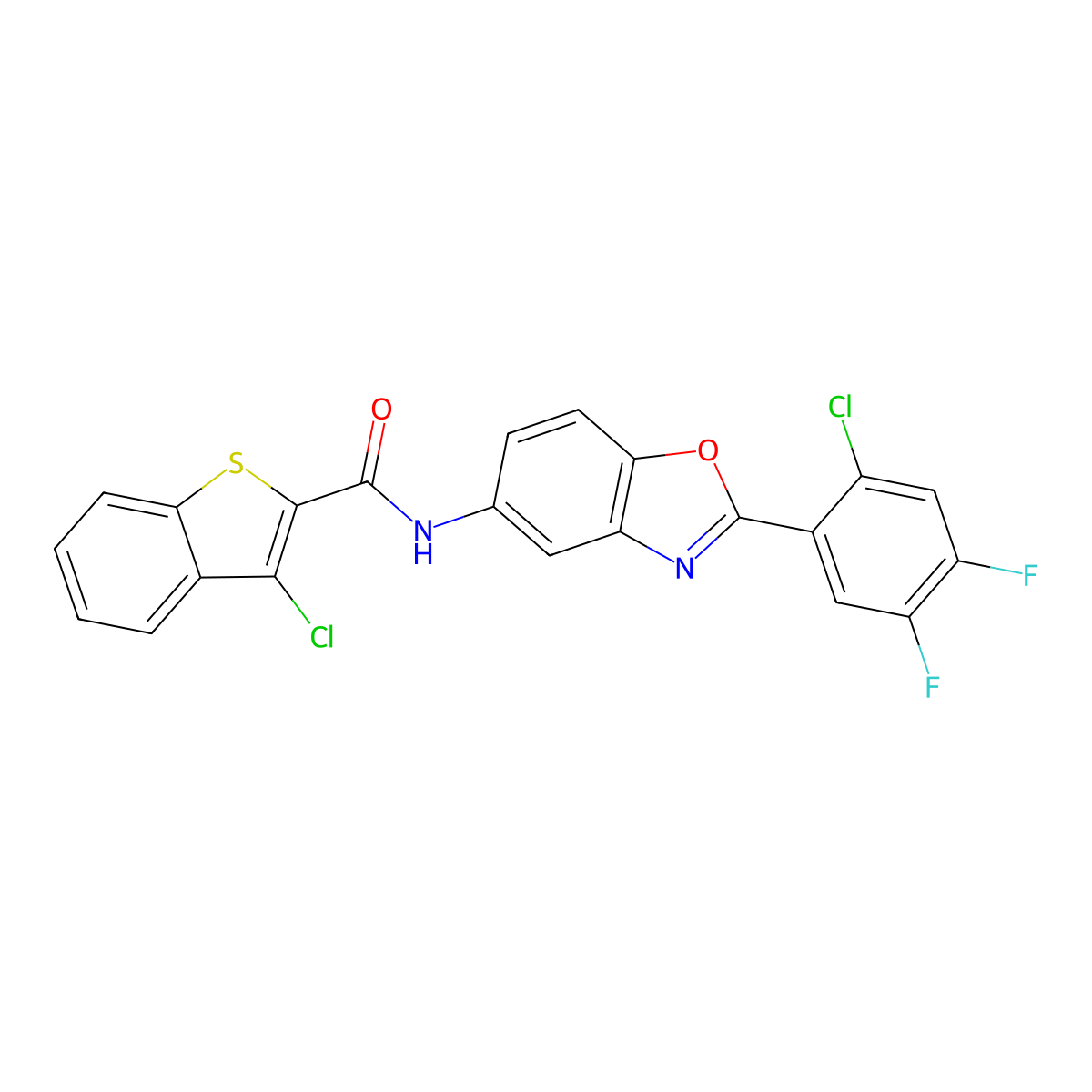 3-chloro-N-[2-(2-chloro-4,5-difluorophenyl)-1,3-benzoxazol-5-yl]-1-benzothiophene-2-carboxamide molecular structure, CAS 527742-53-6
