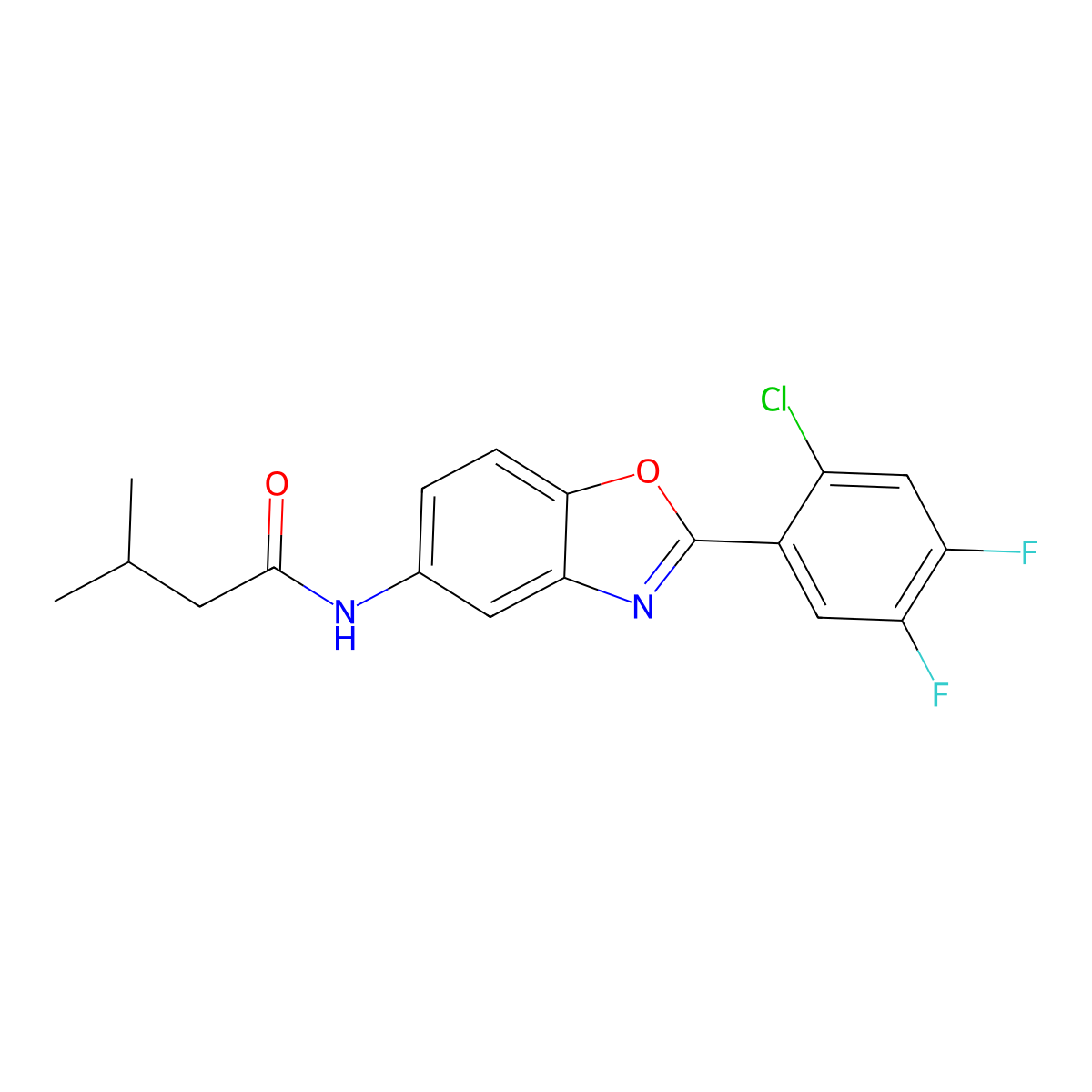 N-[2-(2-chloro-4,5-difluorophenyl)-1,3-benzoxazol-5-yl]-3-methylbutanamide molecular structure, CAS 527757-73-9