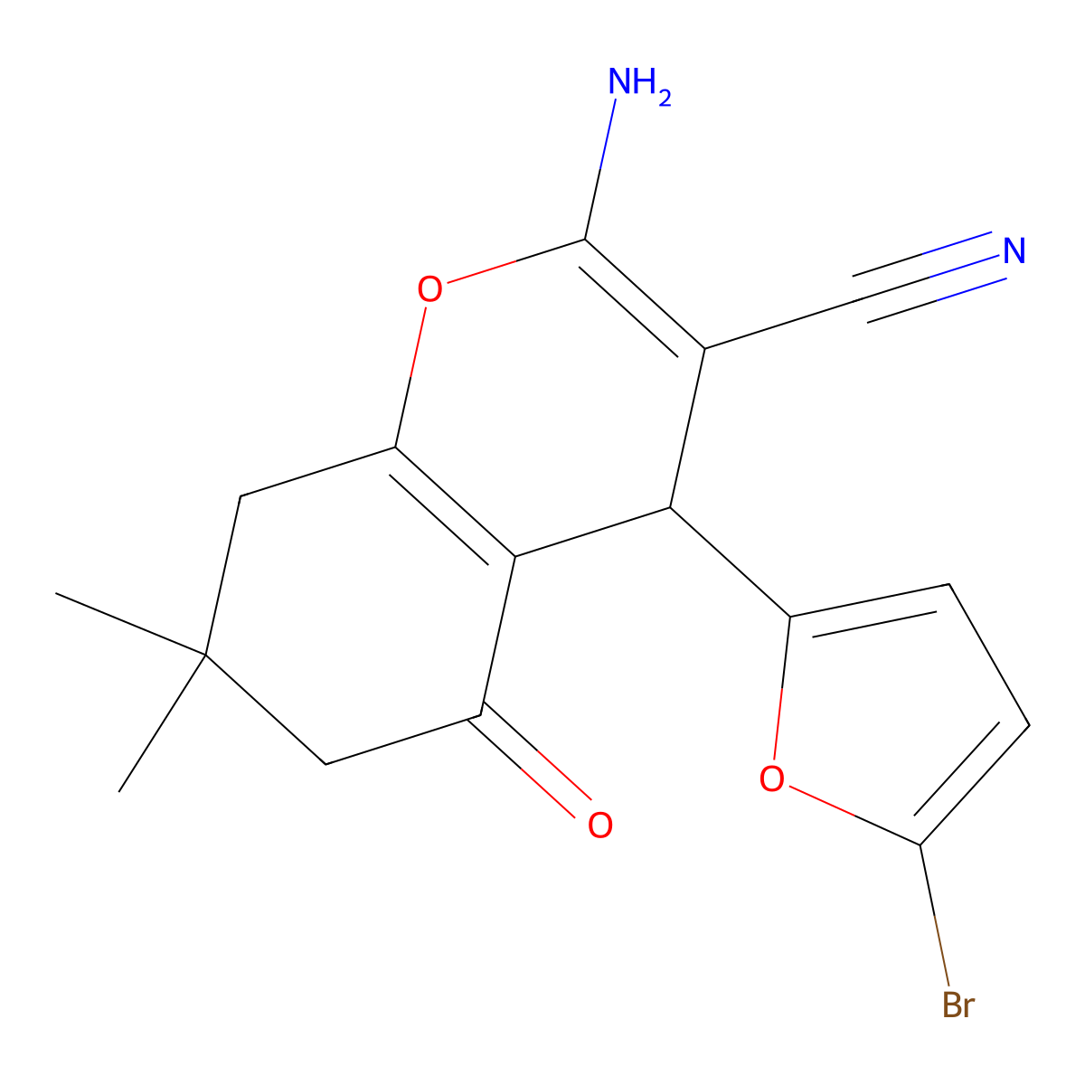 2-Amino-4-(5-bromofuran-2-yl)-7,7-dimethyl-5-oxo-5,6,7,8-tetrahydro-4H-1-benzopyran-3-carbonitrile molecular structure, CAS 5278-34-2