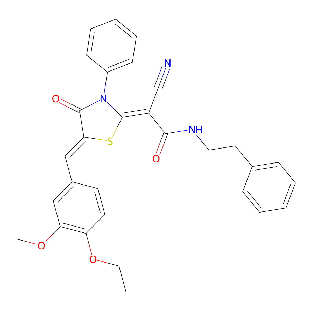 2-cyano-2-[5-[(4-ethoxy-3-methoxyphenyl)methylidene]-4-oxo-3-phenyl-1,3-thiazolidin-2-ylidene]-N-(2-phenylethyl)acetamide molecular structure, CAS 5279-62-9