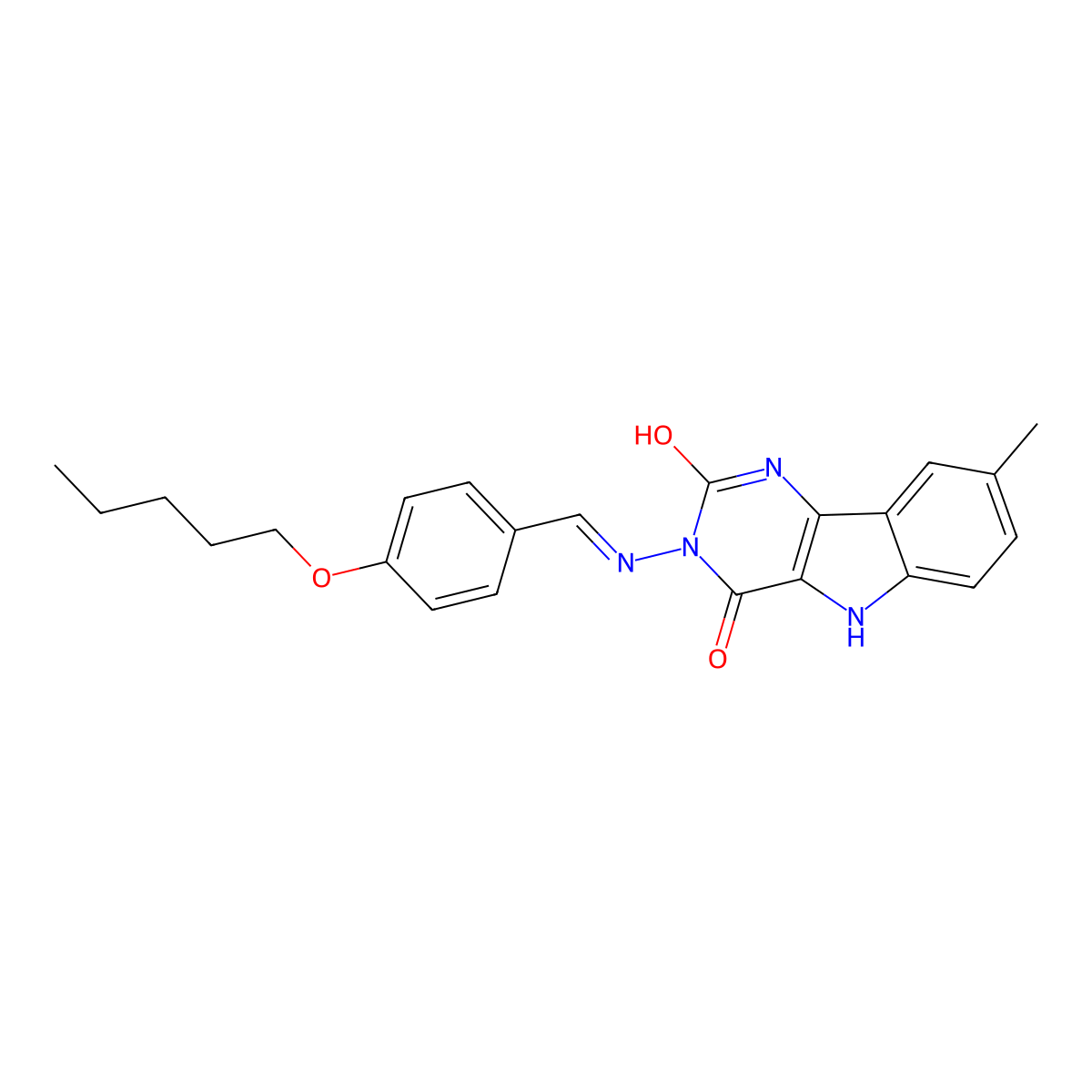 8-Methyl-3-[(4-pentoxyphenyl)methylideneamino]-1,5-dihydropyrimido[5,4-b]indole-2,4-dione molecular structure, CAS 5279-73-2