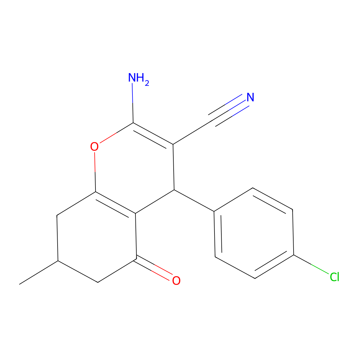 2-Amino-4-(4-chlorophenyl)-7-methyl-5-oxo-4,6,7,8-tetrahydrochromene-3-carbonitrile molecular structure, CAS 5280-75-1