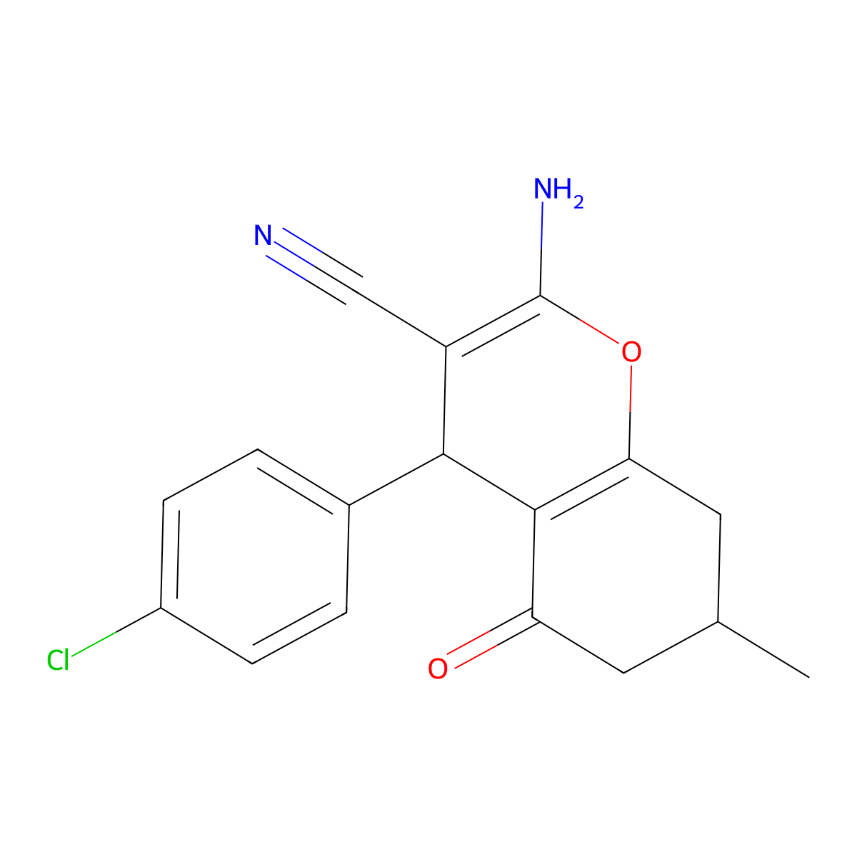 2-Amino-4-(4-chlorophenyl)-7-methyl-5-oxo-4,6,7,8-tetrahydrochromene-3-carbonitrile molecular structure, CAS 5280-75-1