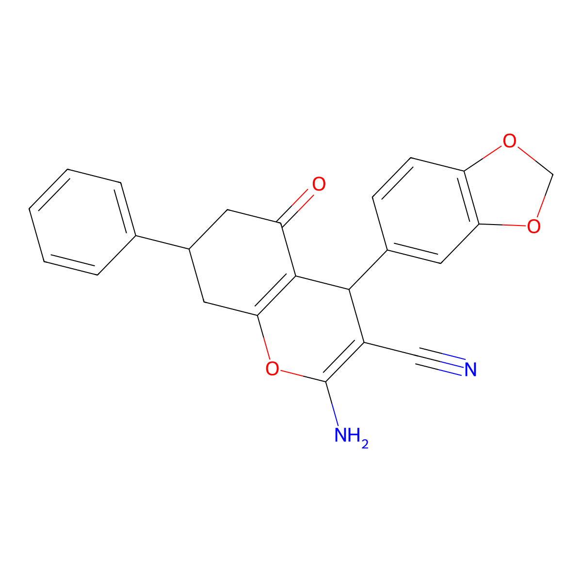 2-Amino-4-(1,3-benzodioxol-5-yl)-5-oxo-7-phenyl-4,6,7,8-tetrahydrochromene-3-carbonitrile molecular structure, CAS 5282-43-9