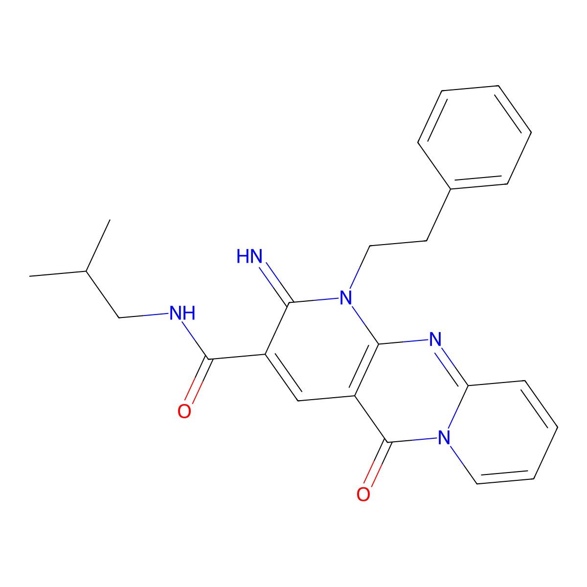 6-imino-N-(2-methylpropyl)-2-oxo-7-(2-phenylethyl)-1,7,9-triazatricyclo[8.4.0.03,8]tetradeca-3(8),4,9,11,13-pentaene-5-carboxamide molecular structure, CAS 5282-73-5