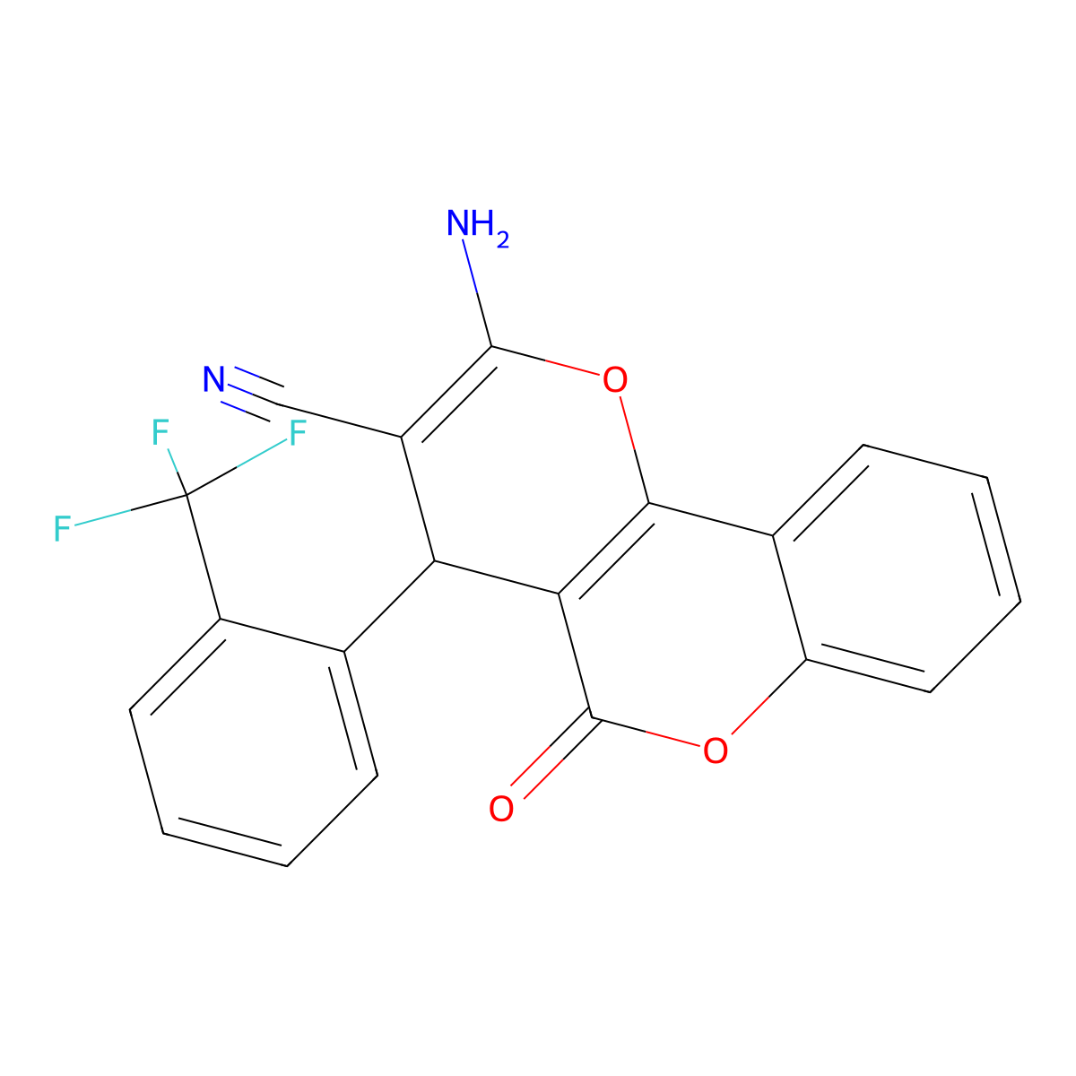 2-amino-5-oxo-4-[2-(trifluoromethyl)phenyl]-4H,5H-pyrano[3,2-c]chromene-3-carbonitrile molecular structure, CAS 5282-92-8