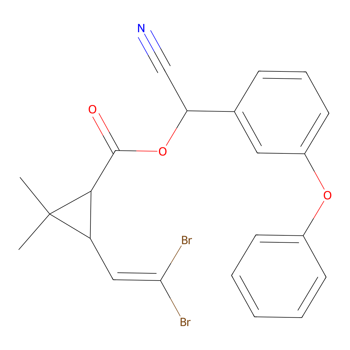 Cyclopropanecarboxylic acid, 3-(2,2-dibromoethenyl)-2,2-dimethyl-, cyano(3-phenoxyphenyl)methyl ester, (1R-(1alpha(S*),3alpha))- molecular structure, CAS 52820-00-5