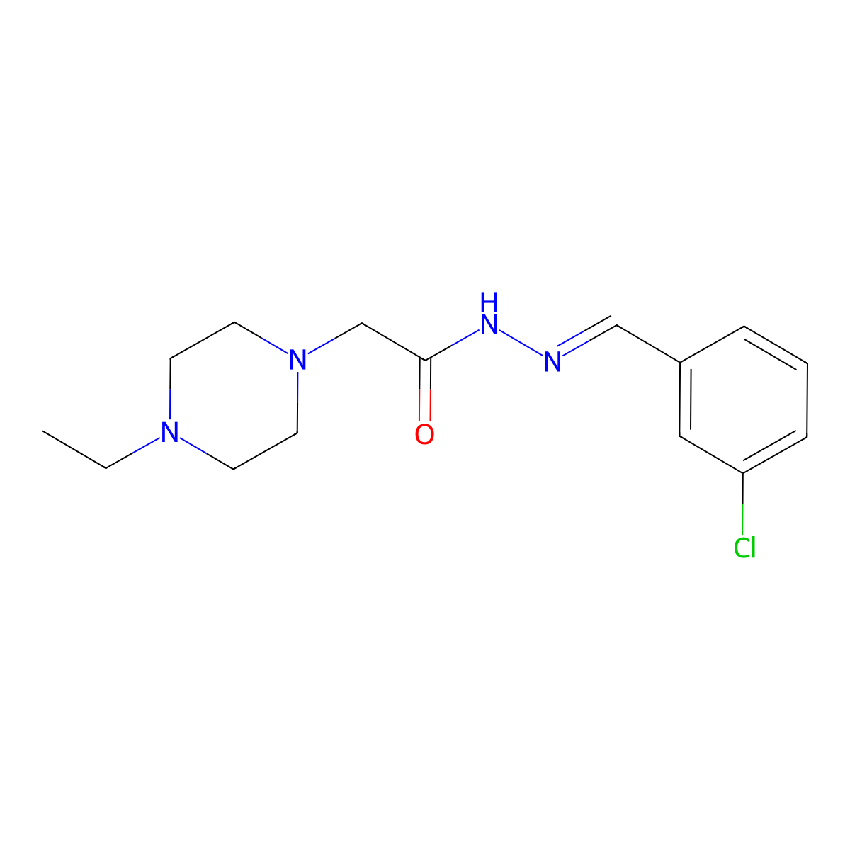N-[(3-chlorophenyl)methylideneamino]-2-(4-ethylpiperazin-1-yl)acetamide molecular structure, CAS 5283-59-0