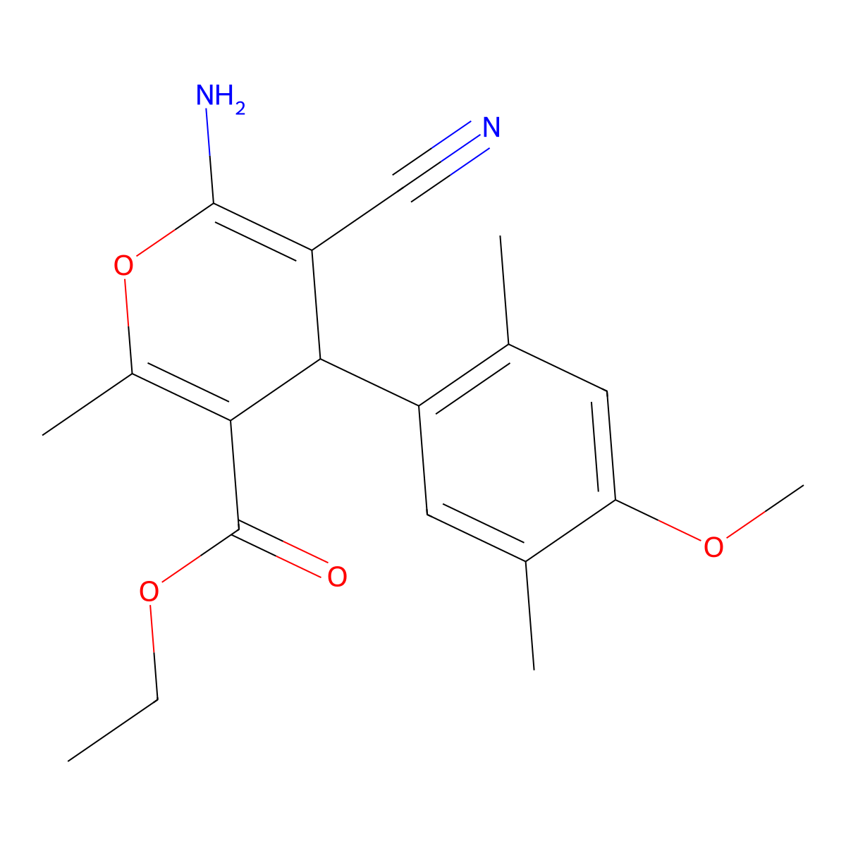 ethyl 6-amino-5-cyano-4-(4-methoxy-2,5-dimethylphenyl)-2-methyl-4H-pyran-3-carboxylate molecular structure, CAS 5283-61-4