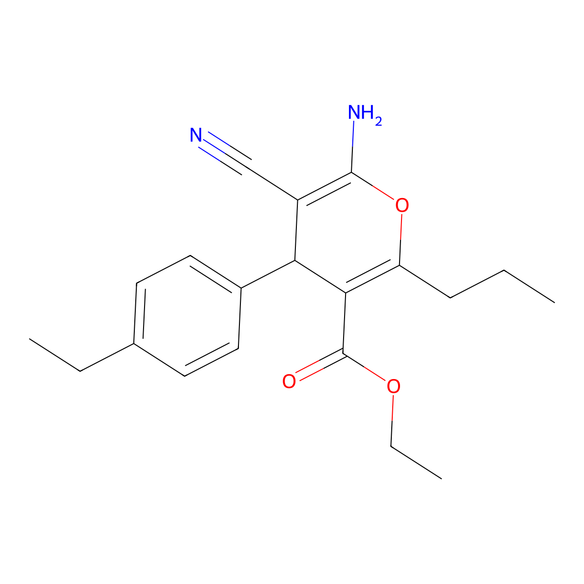 ethyl 6-amino-5-cyano-4-(4-ethylphenyl)-2-propyl-4H-pyran-3-carboxylate molecular structure, CAS 5284-82-2