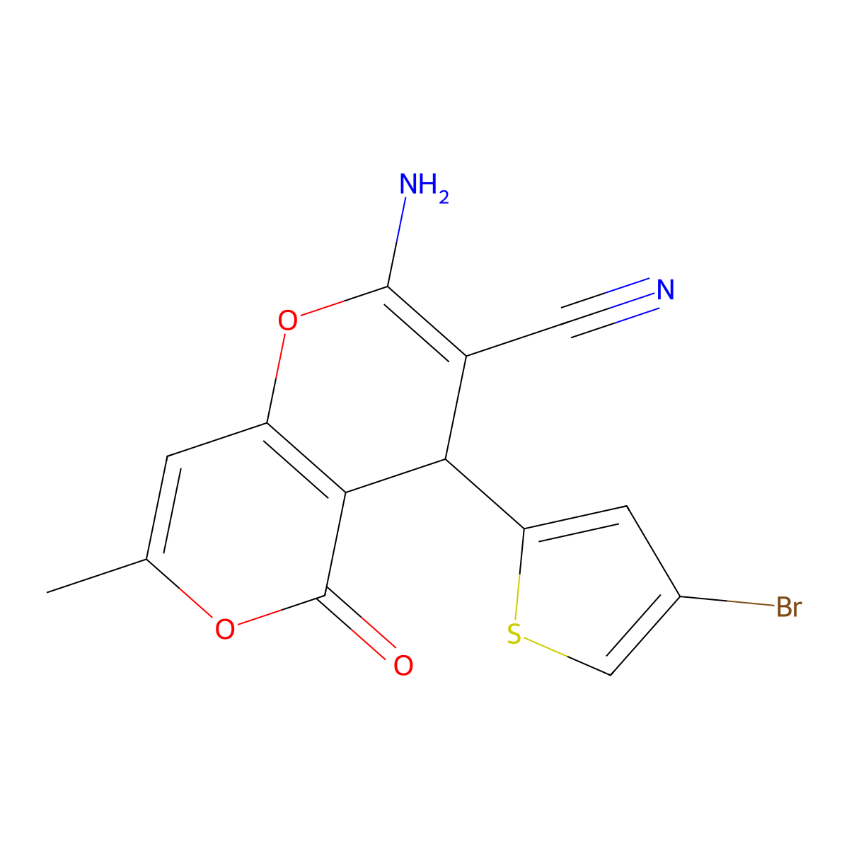 2-amino-4-(4-bromothiophen-2-yl)-7-methyl-5-oxo-4H-pyrano[3,2-c]pyran-3-carbonitrile molecular structure, CAS 5285-12-1