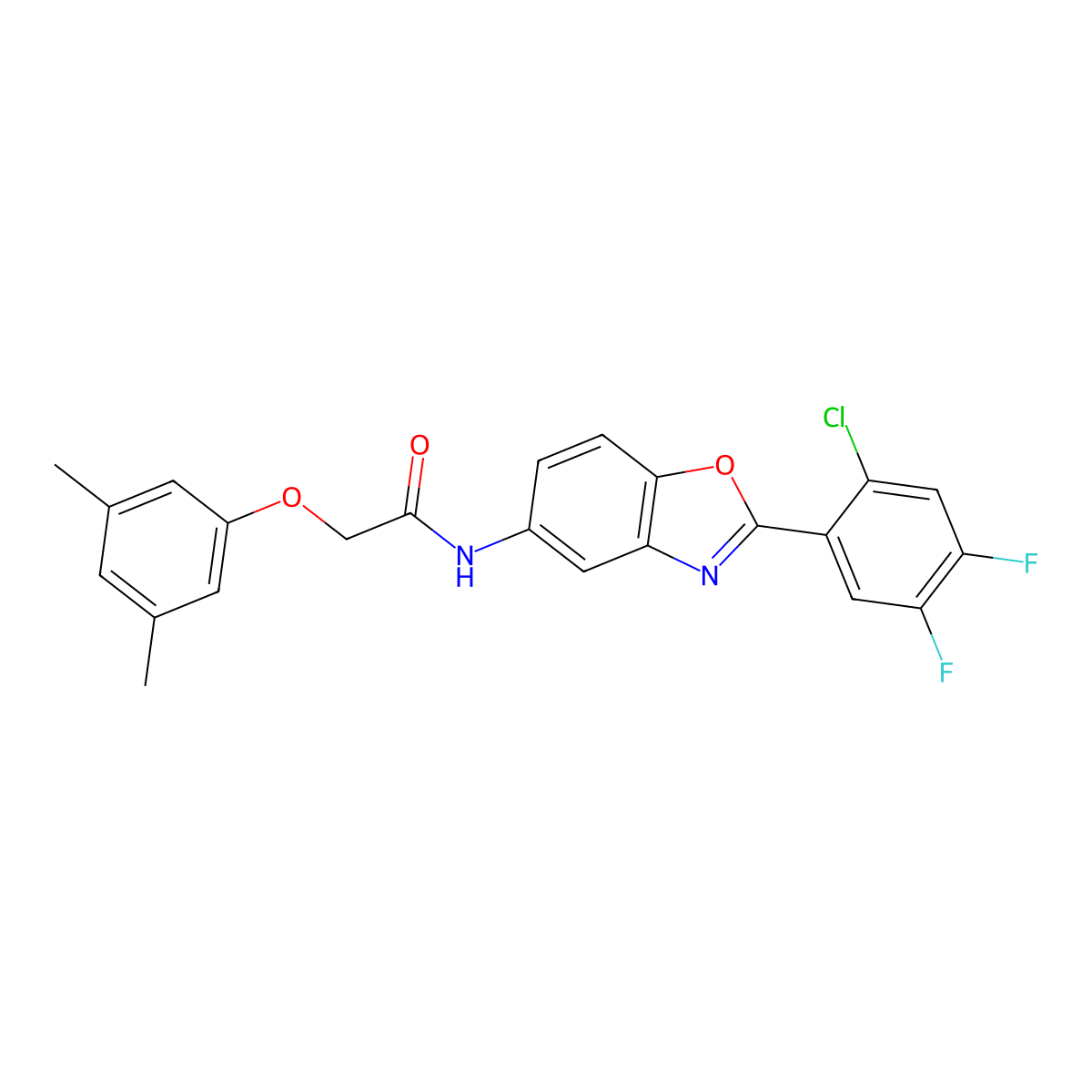 N-[2-(2-chloro-4,5-difluorophenyl)-1,3-benzoxazol-5-yl]-2-(3,5-dimethylphenoxy)acetamide molecular structure, CAS 528576-56-9