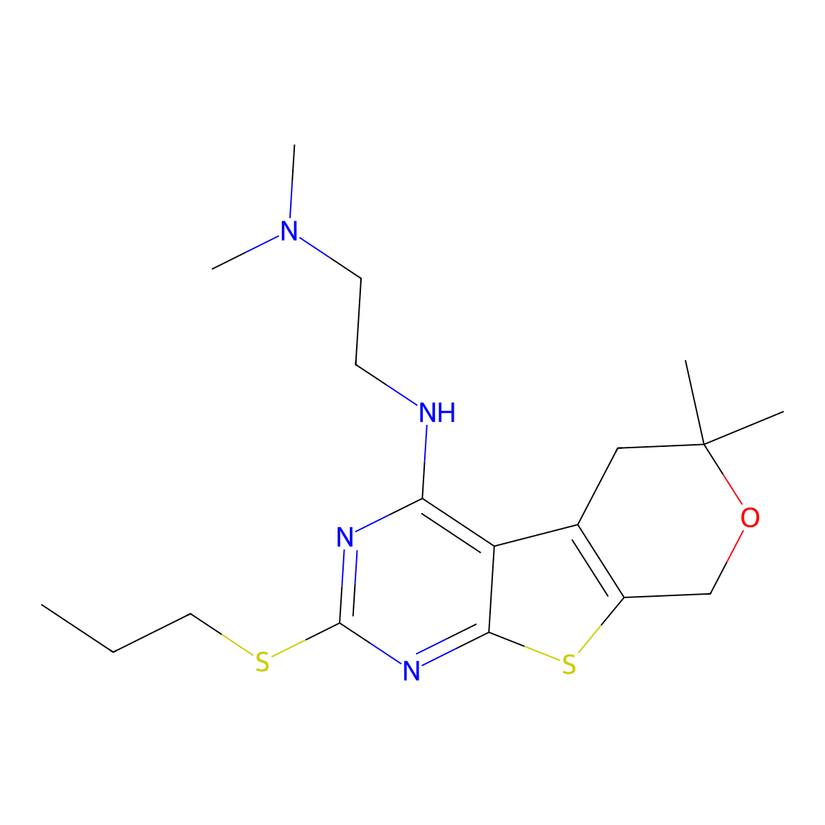 N-(12,12-dimethyl-5-propylsulfanyl-11-oxa-8-thia-4,6-diazatricyclo[7.4.0.02,7]trideca-1(9),2,4,6-tetraen-3-yl)-N',N'-dimethylethane-1,2-diamine molecular structure, CAS 5288-46-0