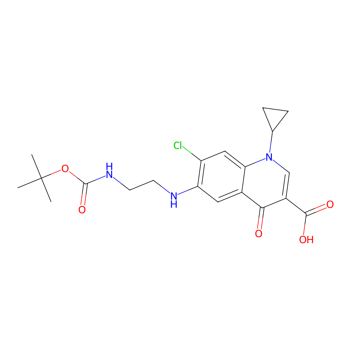 6-[(2-Tert-butoxycarbonylaminoethyl)amino]-7-chloro-1-cyclopropyl-1,4-dihydro-4-oxo-quinoline-3-carboxylic acid molecular structure, CAS 528851-37-8