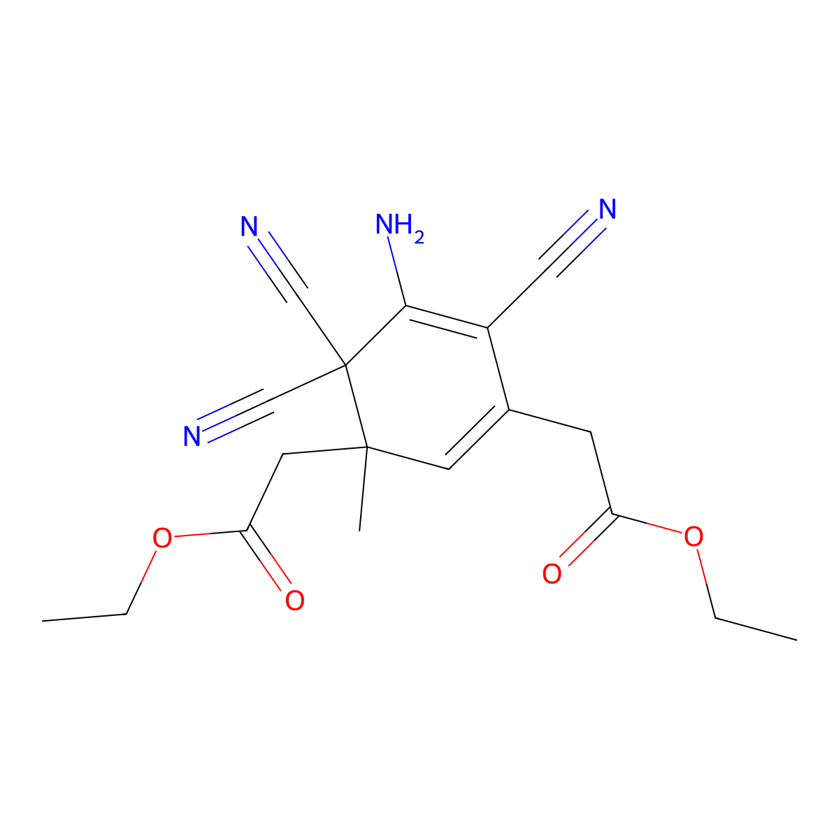 (5-Amino-4,4,6-tricyano-3-ethoxycarbonylmethyl-3-methyl-cyclohexa-1,5-dienyl)-acetic acid ethyl ester molecular structure, CAS 52903-73-8