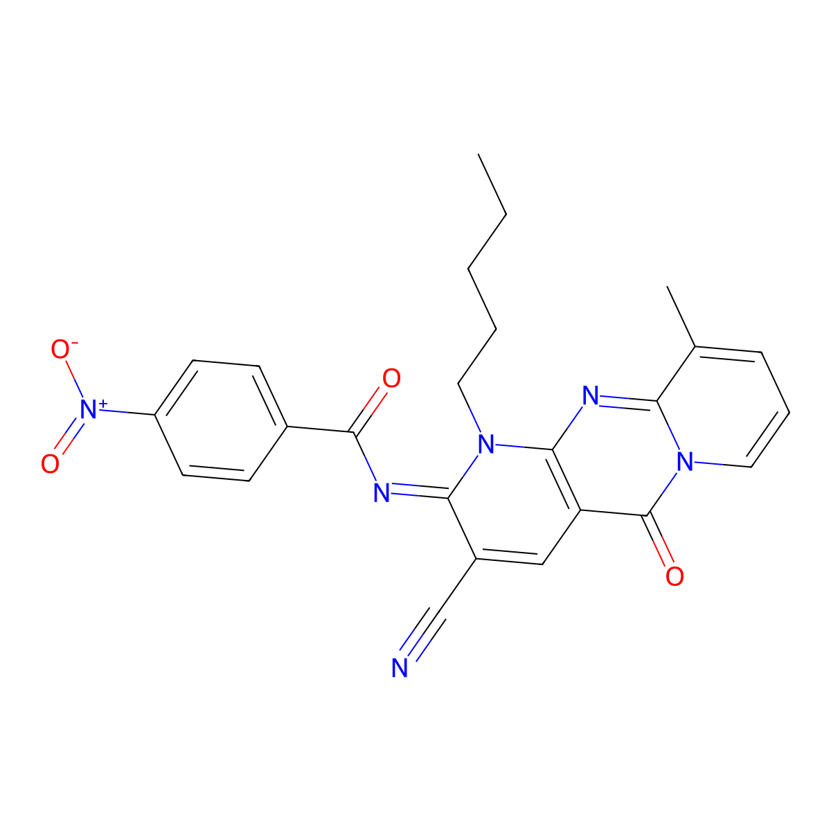 N-[(2E)-3-cyano-10-methyl-5-oxo-1-pentyl-1,5-dihydro-2H-dipyrido[1,2-a:2',3'-d]pyrimidin-2-ylidene]-4-nitrobenzamide molecular structure, CAS 5291-33-8