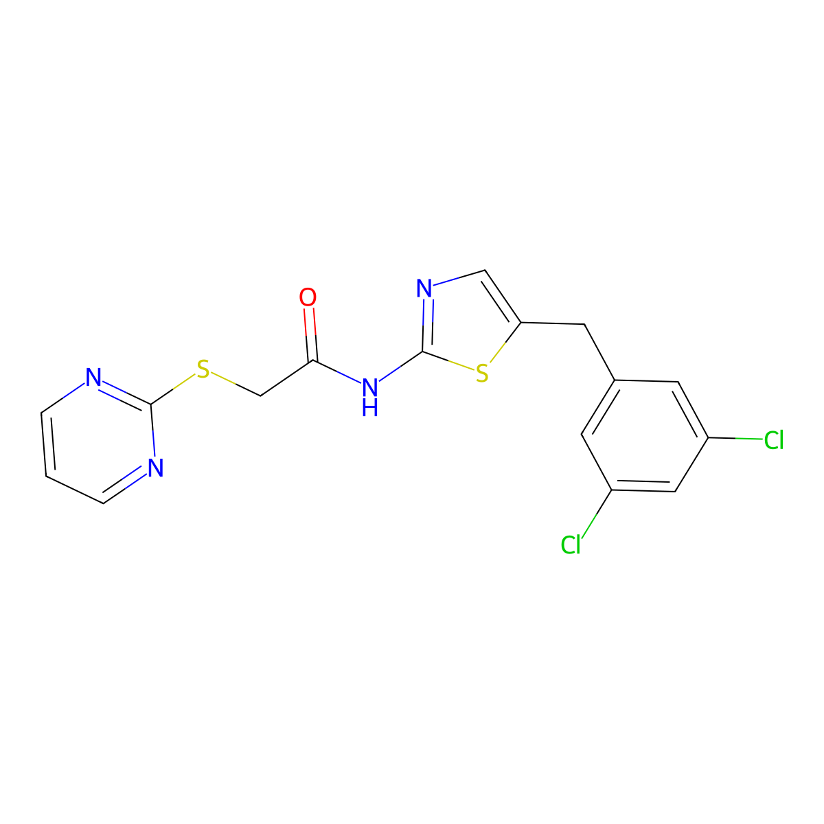 N-[5-[(3,5-dichlorophenyl)methyl]-1,3-thiazol-2-yl]-2-pyrimidin-2-ylsulfanylacetamide molecular structure, CAS 5291-99-6