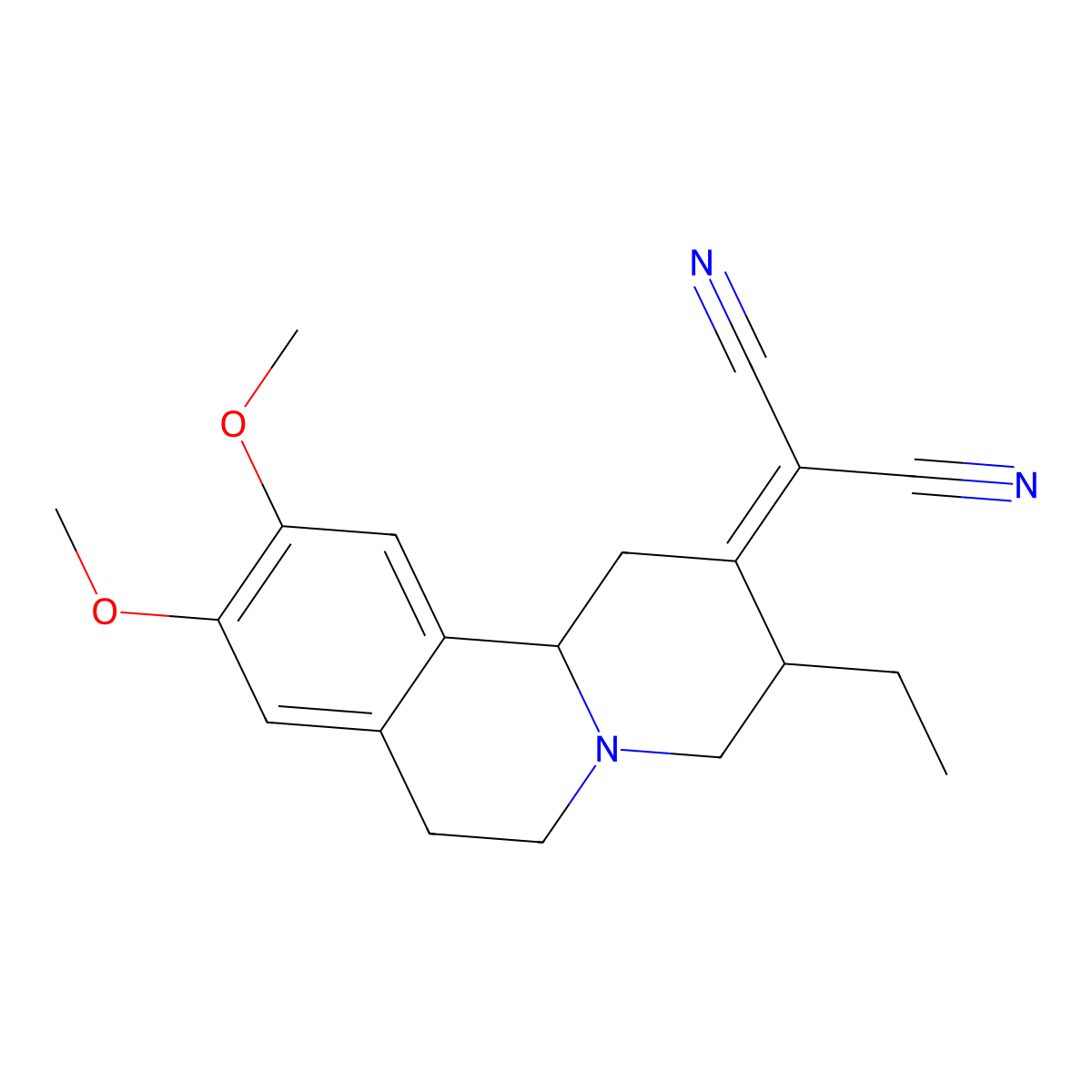 (3-Ethyl-9,10-dimethoxy-1,3,4,6,7,11b-hexahydro-2h-pyrido[2,1-a]isoquinolin-2-ylidene)propanedinitrile molecular structure, CAS 52927-74-9