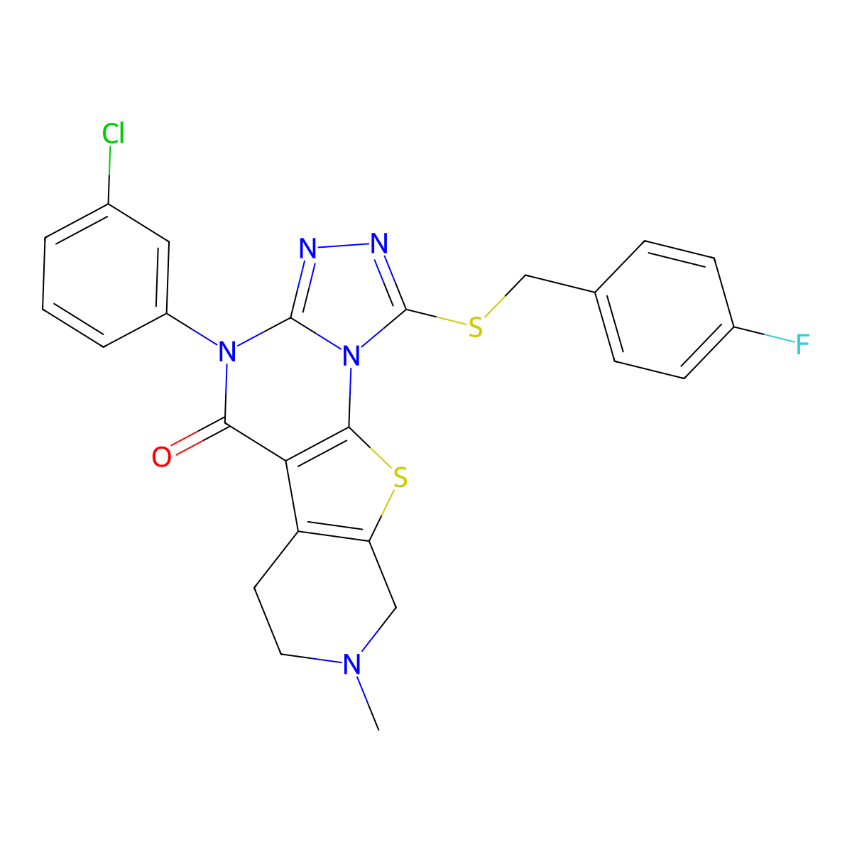 7-(3-Chlorophenyl)-3-[(4-fluorophenyl)methylsulfanyl]-13-methyl-16-thia-2,4,5,7,13-pentazatetracyclo[7.7.0.02,6.010,15]hexadeca-1(9),3,5,10(15)-tetraen-8-one molecular structure, CAS 5293-87-8