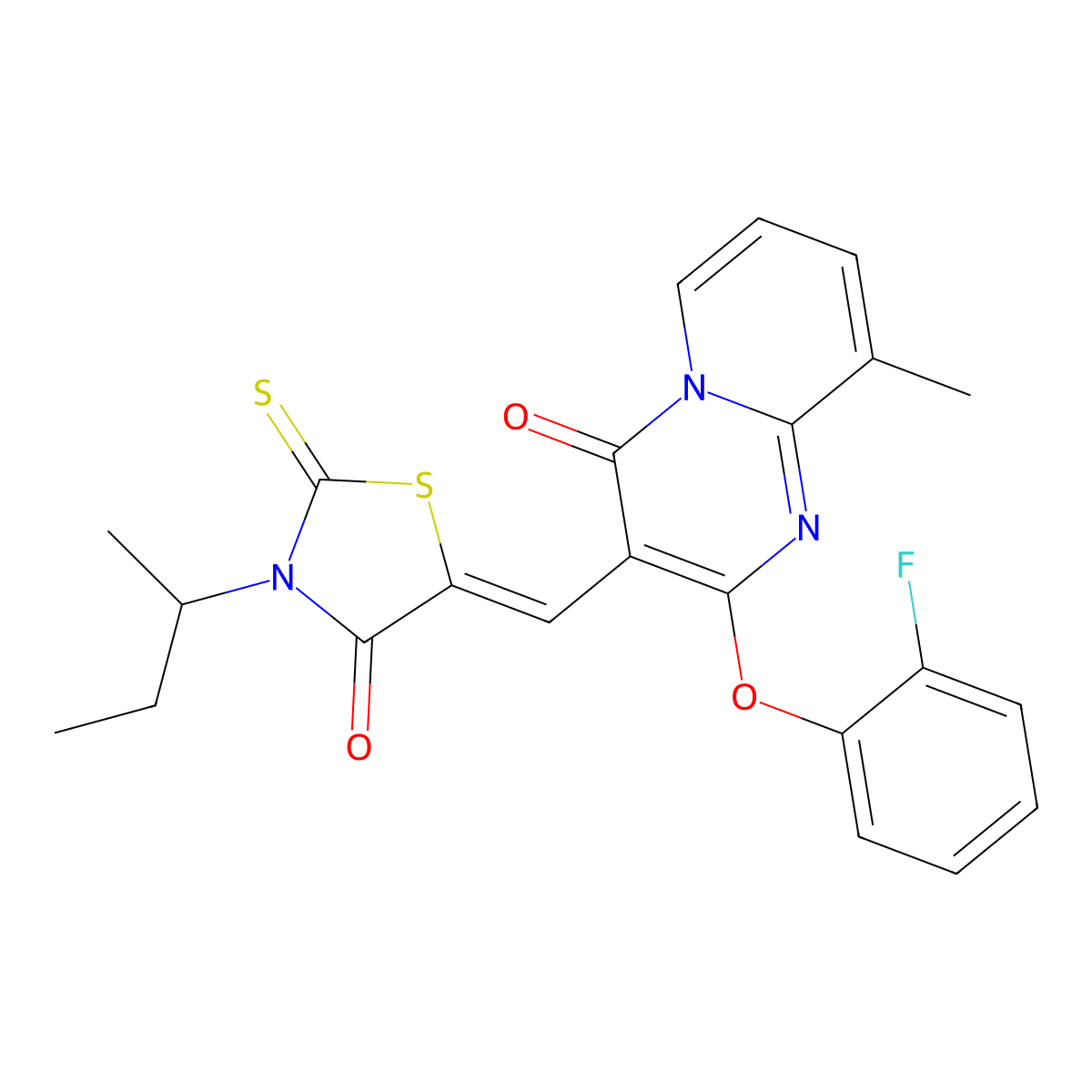3-{[3-(Butan-2-yl)-4-oxo-2-sulfanylidene-1,3-thiazolidin-5-ylidene]methyl}-2-(2-fluorophenoxy)-9-methyl-4H-pyrido[1,2-a]pyrimidin-4-one molecular structure, CAS 5294-32-6