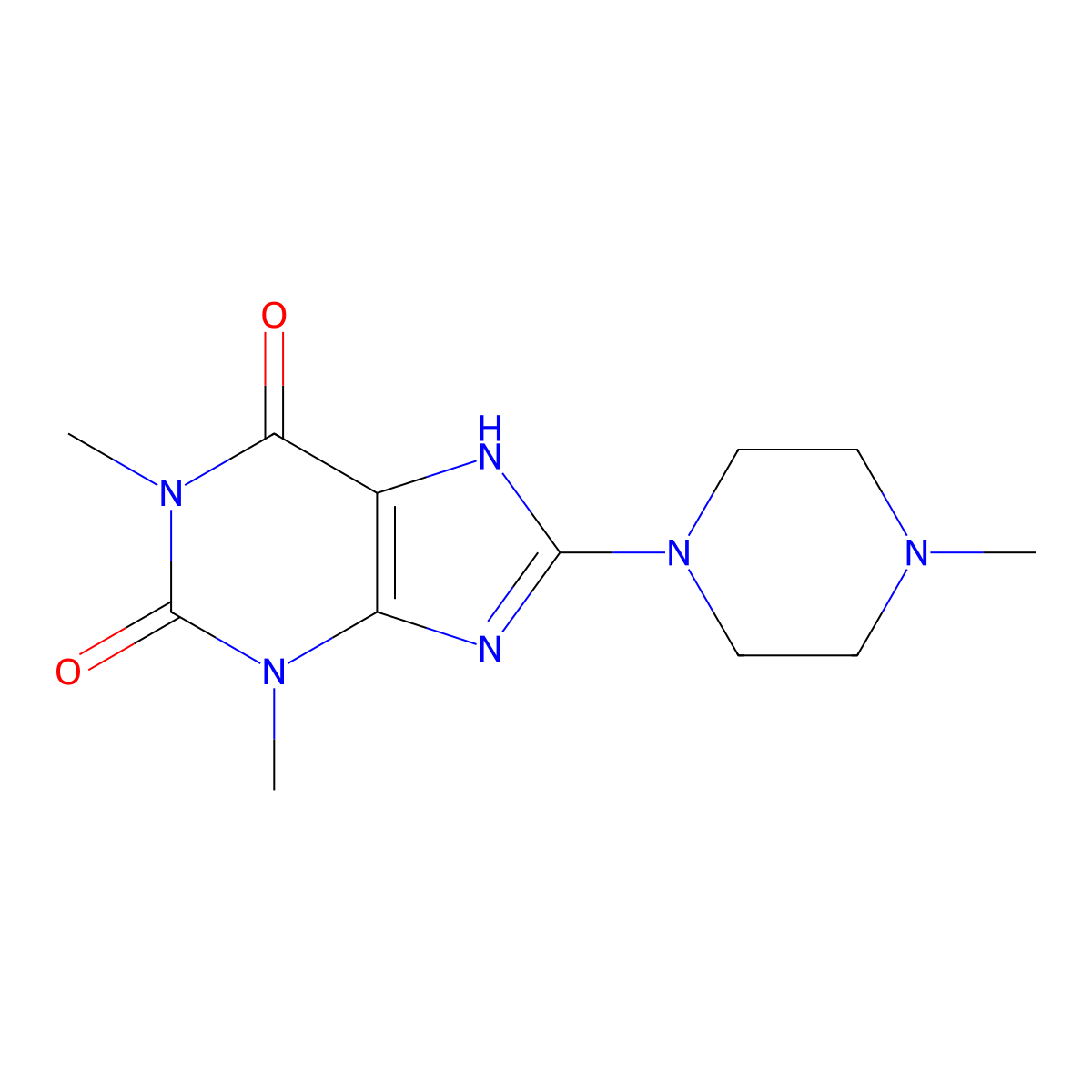 1H-Purine-2,6-dione, 3,7-dihydro-1,3-dimethyl-8-(4-methyl-1-piperazinyl)- molecular structure, CAS 52943-65-4
