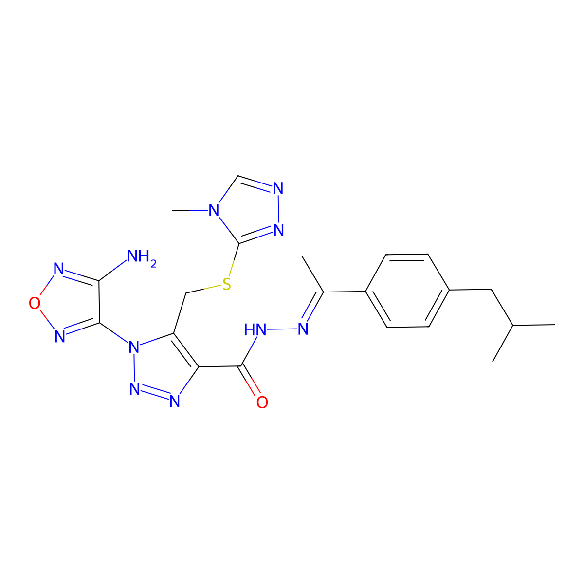 1-(4-amino-1,2,5-oxadiazol-3-yl)-N-[1-[4-(2-methylpropyl)phenyl]ethylideneamino]-5-[(4-methyl-1,2,4-triazol-3-yl)sulfanylmethyl]triazole-4-carboxamide molecular structure, CAS 5297-29-0