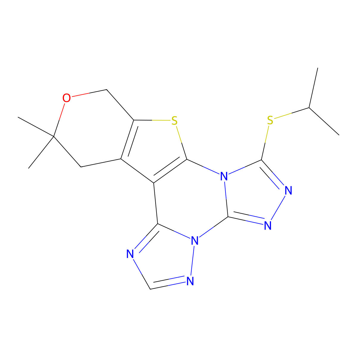 15,15-Dimethyl-3-propan-2-ylsulfanyl-16-oxa-19-thia-2,4,5,7,8,10-hexazapentacyclo[10.7.0.02,6.07,11.013,18]nonadeca-1(12),3,5,8,10,13(18)-hexaene molecular structure, CAS 5298-46-4