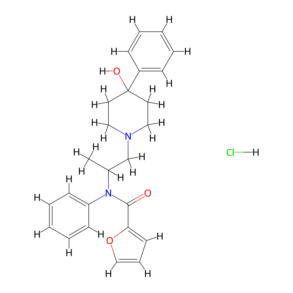 2-Furancarboxamide, N-(2-(4-hydroxy-4-phenyl-1-piperidinyl)-1-methylethyl)-N-phenyl-, hydrochloride (1:1) molecular structure, CAS 53-27-0