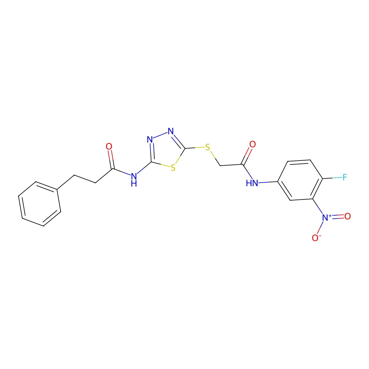 N-[5-[2-(4-fluoro-3-nitroanilino)-2-oxoethyl]sulfanyl-1,3,4-thiadiazol-2-yl]-3-phenylpropanamide molecular structure, CAS 530130-89-3