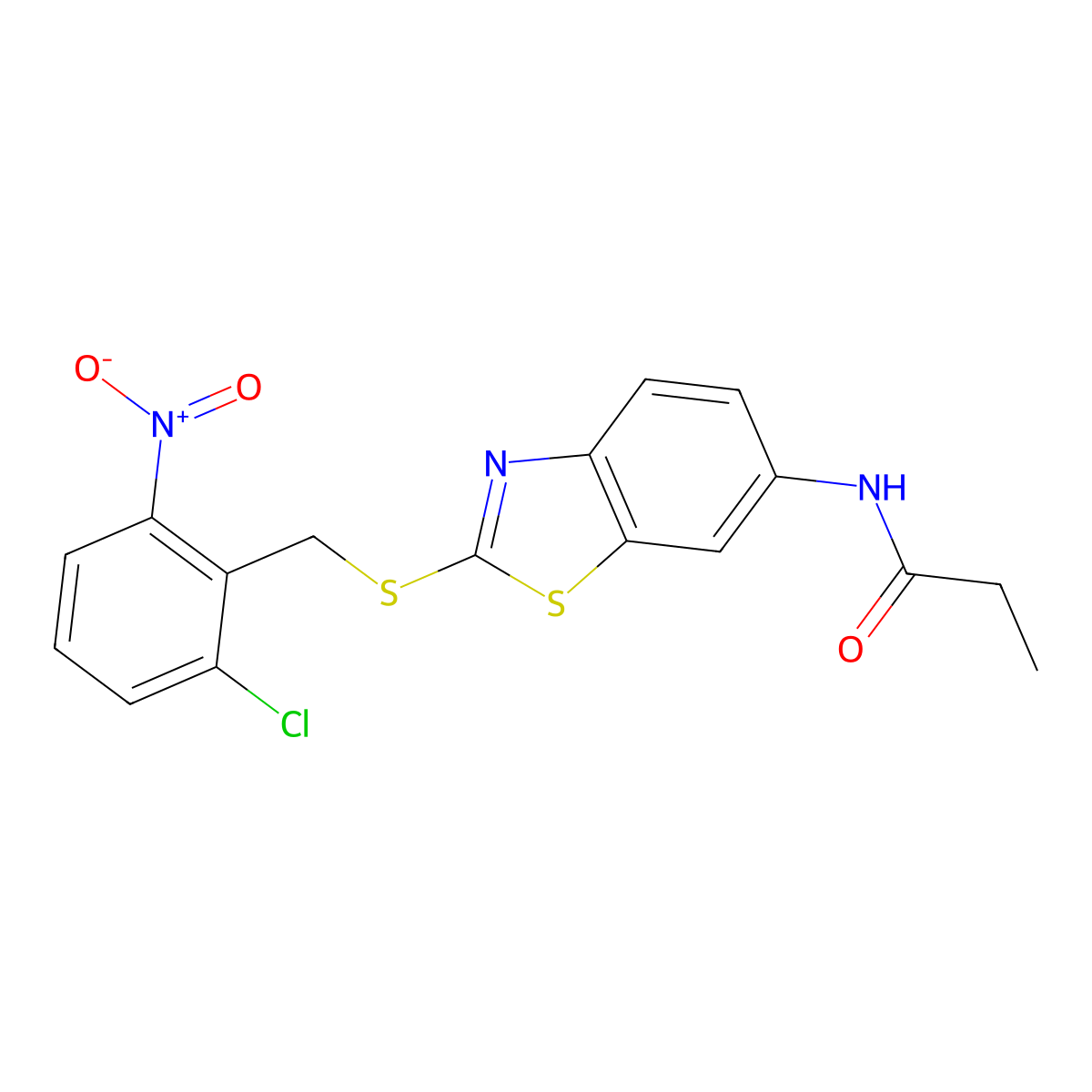 N-[2-[(2-chloro-6-nitrophenyl)methylsulfanyl]-1,3-benzothiazol-6-yl]propanamide molecular structure, CAS 530131-45-4