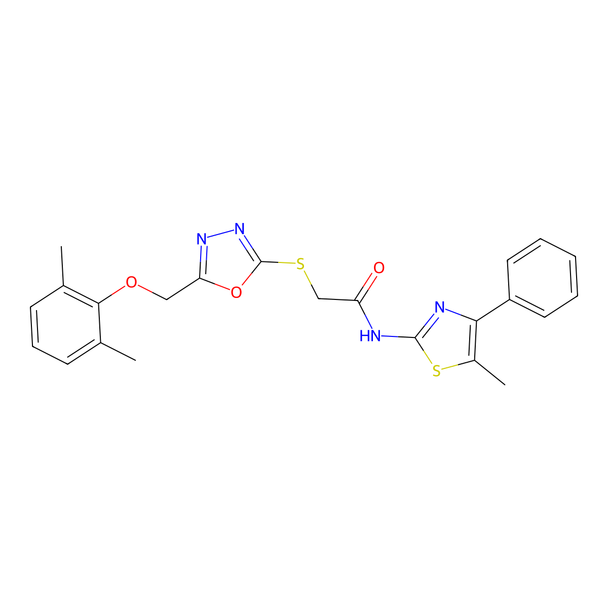 2-({5-[(2,6-dimethylphenoxy)methyl]-1,3,4-oxadiazol-2-yl}sulfanyl)-N-(5-methyl-4-phenyl-1,3-thiazol-2-yl)acetamide molecular structure, CAS 530134-70-4