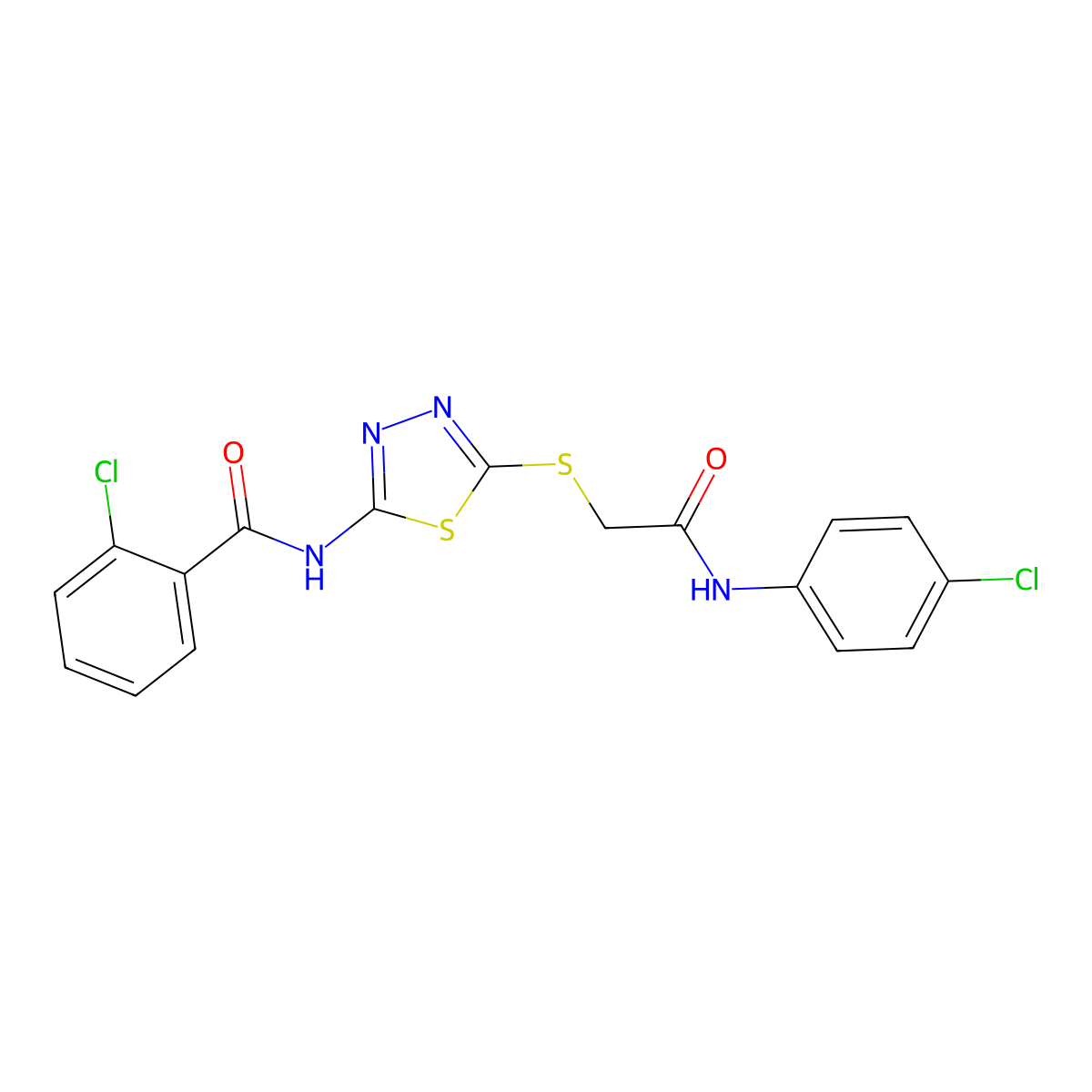 2-chloro-N-(5-((2-((4-chlorophenyl)amino)-2-oxoethyl)thio)-1,3,4-thiadiazol-2-yl)benzamide molecular structure, CAS 530138-70-6