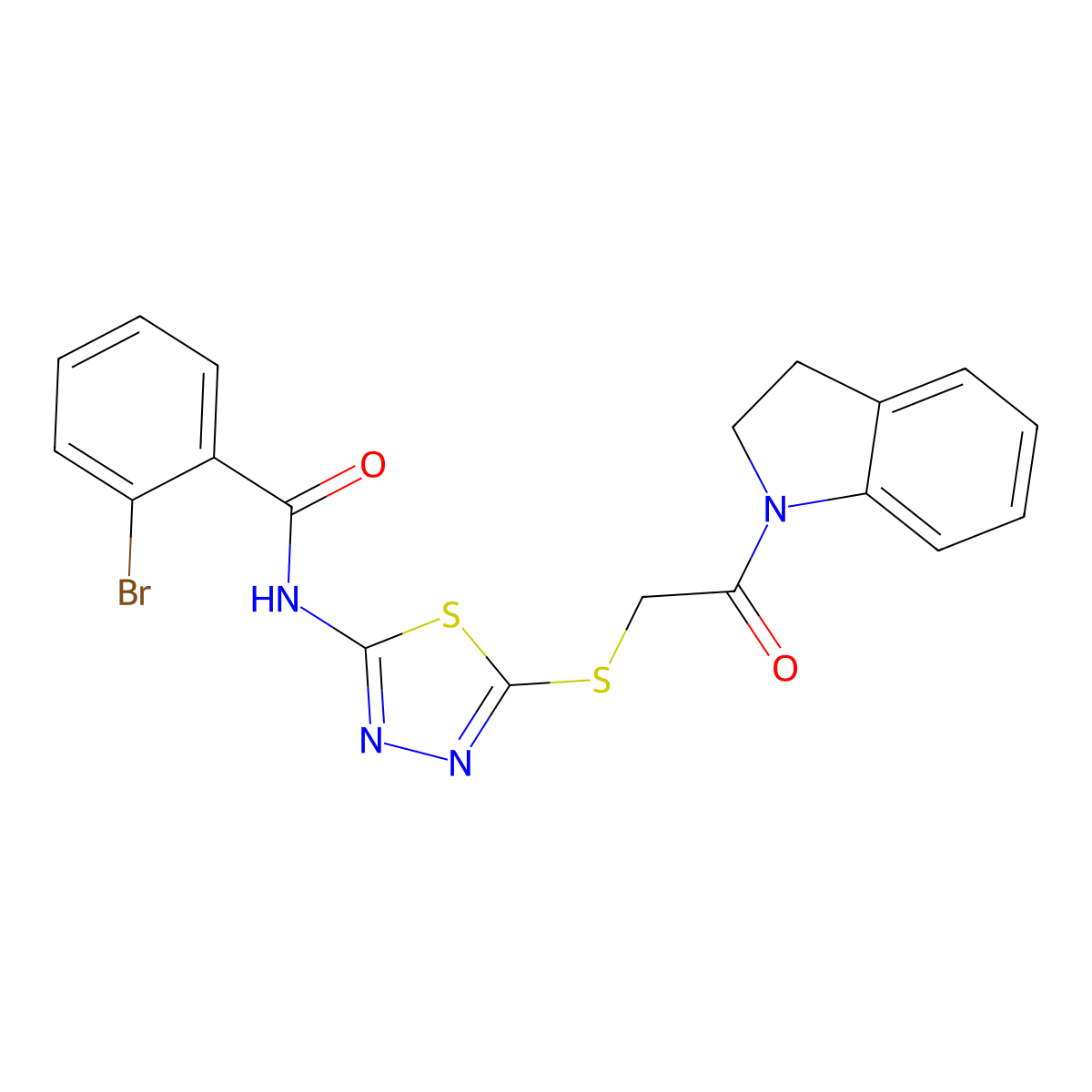 2-bromo-N-[5-[2-(2,3-dihydroindol-1-yl)-2-oxoethyl]sulfanyl-1,3,4-thiadiazol-2-yl]benzamide molecular structure, CAS 530140-75-1