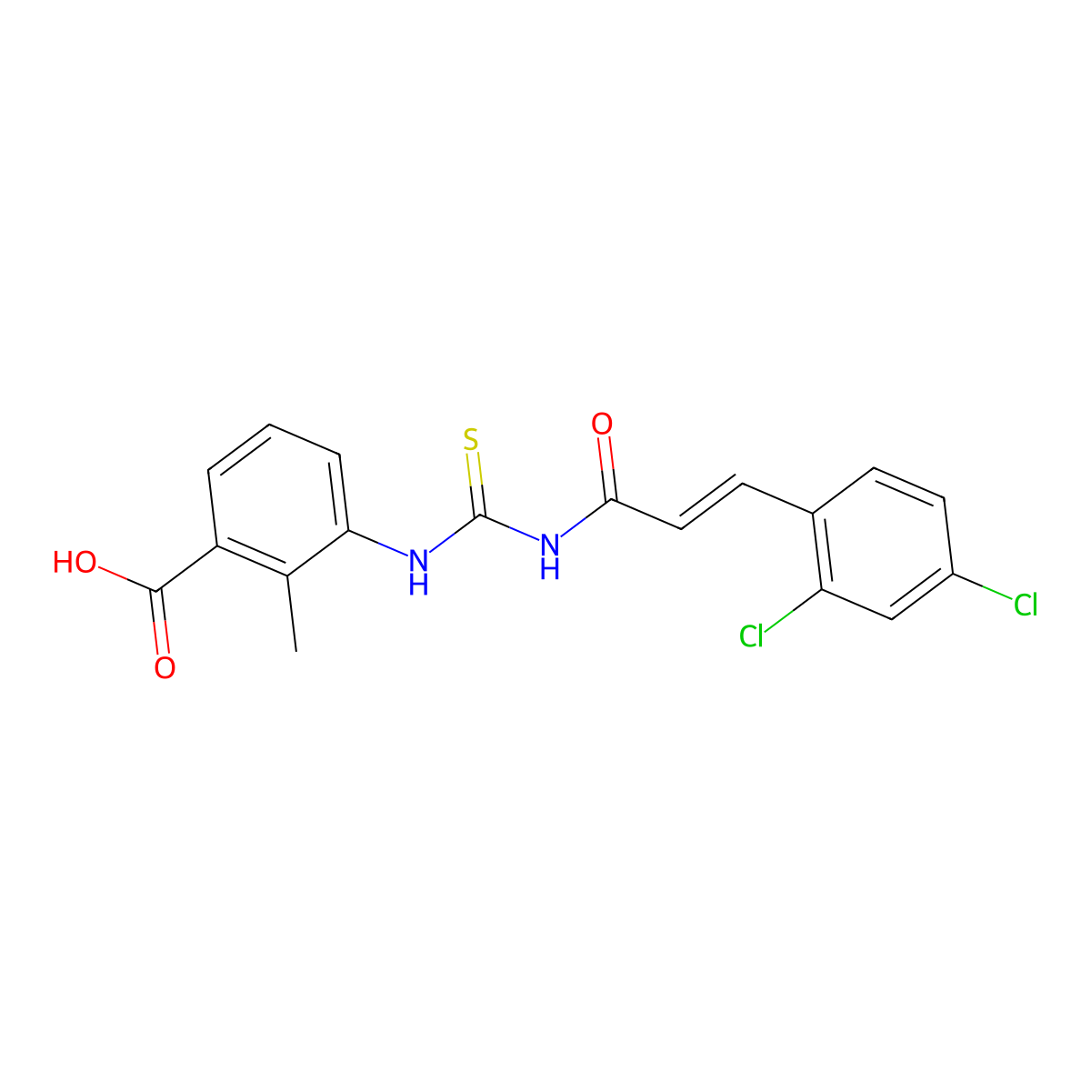 3-[[[[3-(2,4-Dichlorophenyl)-1-oxo-2-propenyl]amino]thioxomethyl]amino]-2-methyl-benzoic acid molecular structure, CAS 530147-84-3