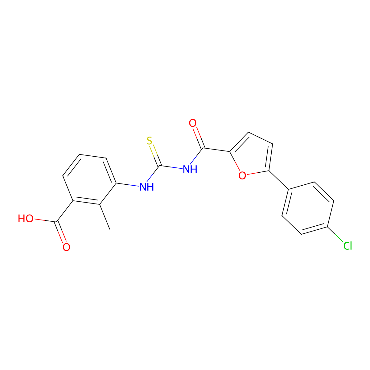 3-[[5-(4-Chlorophenyl)furan-2-carbonyl]carbamothioylamino]-2-methylbenzoic acid molecular structure, CAS 530148-84-6