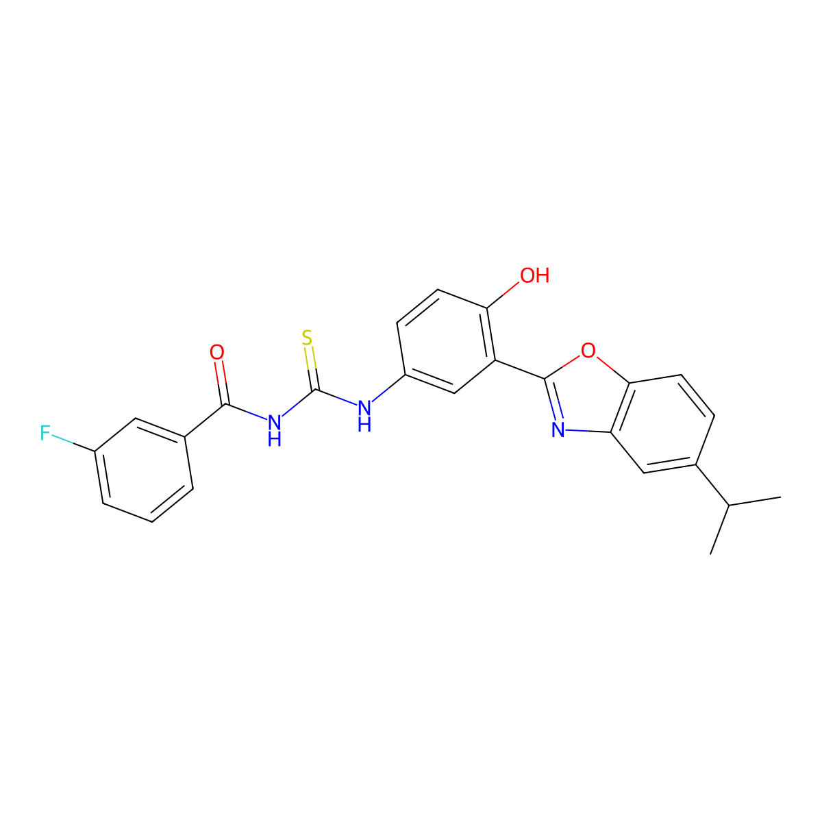 3-fluoro-N-((4-hydroxy-3-(5-isopropylbenzo[d]oxazol-2-yl)phenyl)carbamothioyl)benzamide molecular structure, CAS 530150-37-9