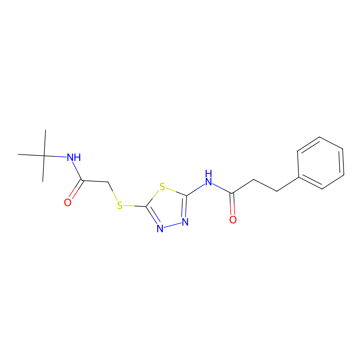 N-[5-[2-(tert-butylamino)-2-oxoethyl]sulfanyl-1,3,4-thiadiazol-2-yl]-3-phenylpropanamide molecular structure, CAS 530152-73-9