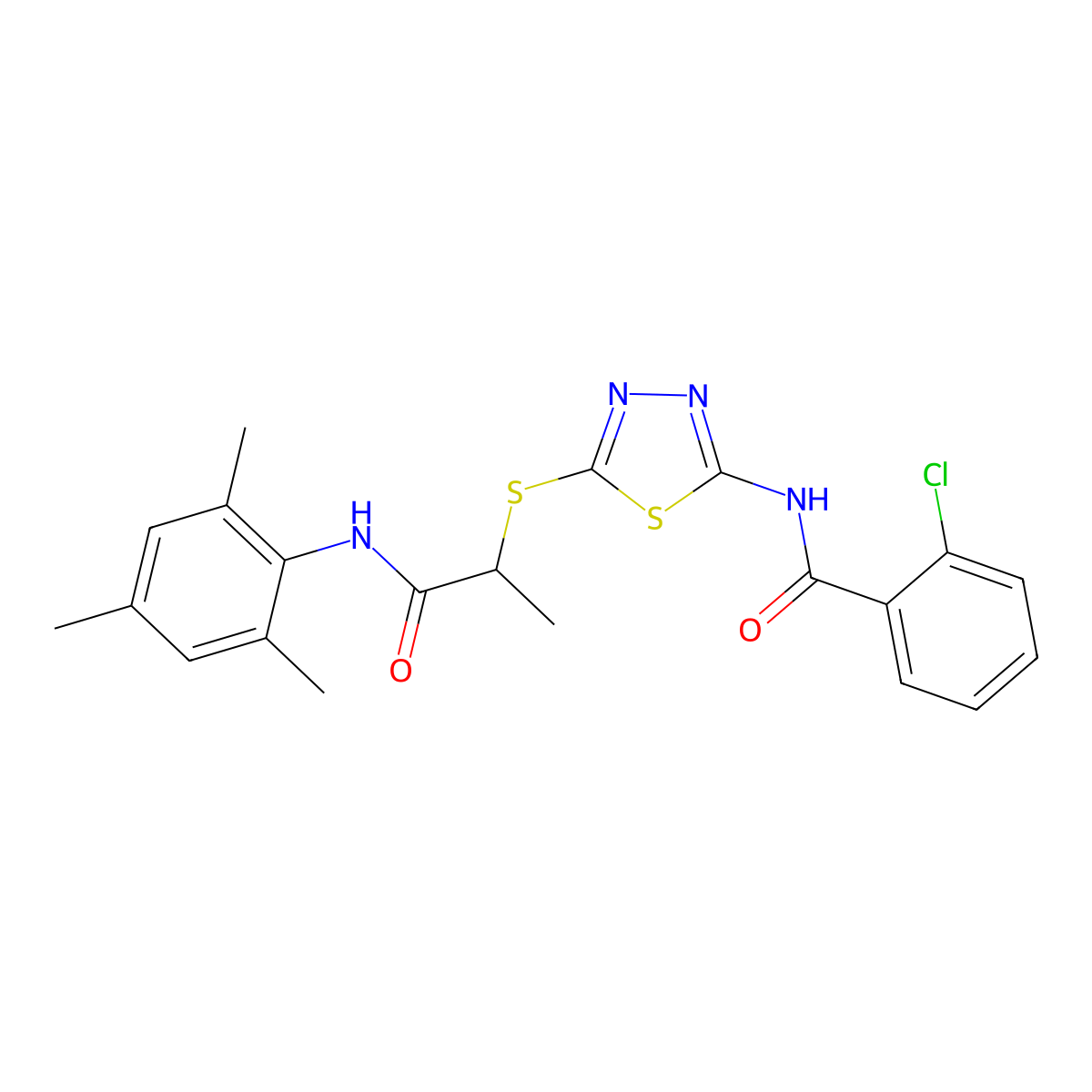 2-chloro-N-[5-({1-oxo-1-[(2,4,6-trimethylphenyl)amino]propan-2-yl}sulfanyl)-1,3,4-thiadiazol-2-yl]benzamide molecular structure, CAS 530156-23-1