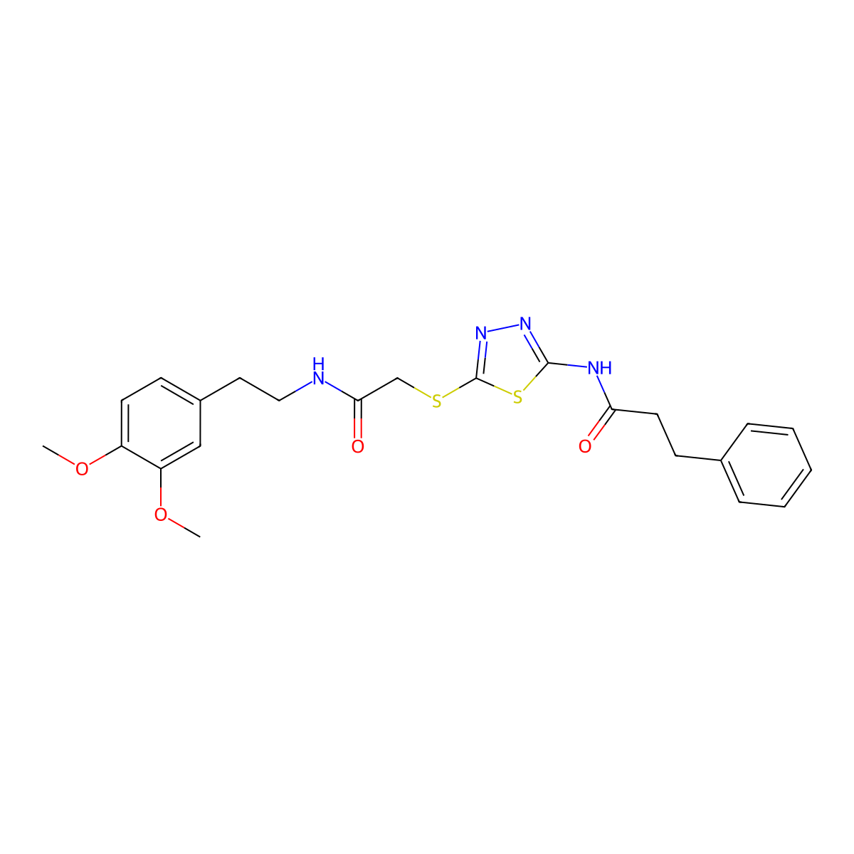 N-(5-((2-((3,4-dimethoxyphenethyl)amino)-2-oxoethyl)thio)-1,3,4-thiadiazol-2-yl)-3-phenylpropanamide molecular structure, CAS 530156-30-0