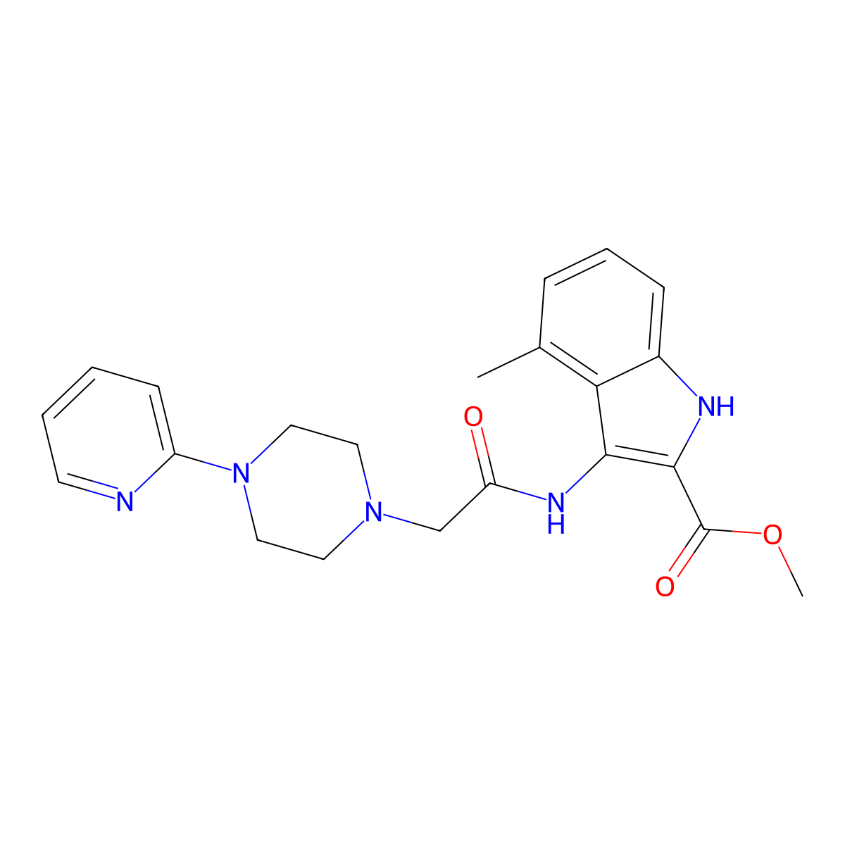 Methyl 4-methyl-3-[[2-(4-pyridin-2-ylpiperazin-1-yl)acetyl]amino]-1H-indole-2-carboxylate molecular structure, CAS 5302-06-7