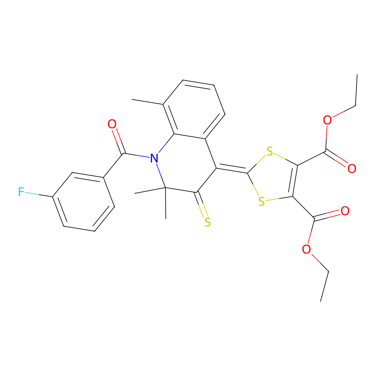 Diethyl 2-[1-(3-fluorobenzoyl)-2,2,8-trimethyl-3-sulfanylidenequinolin-4-ylidene]-1,3-dithiole-4,5-dicarboxylate molecular structure, CAS 5302-56-7